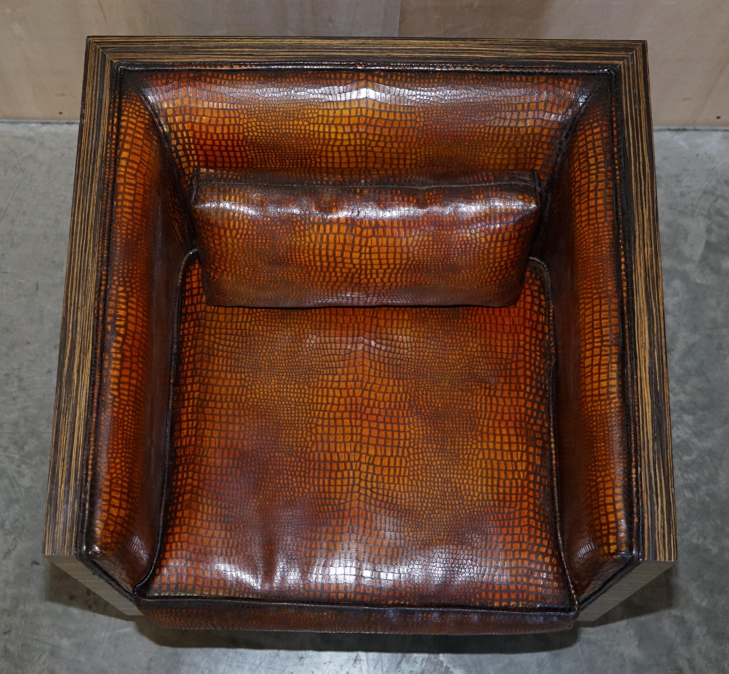 Art Deco Pair of Zebrano Wood Crocodile Alligator Patina Brown Leather Swivel Armchairs For Sale