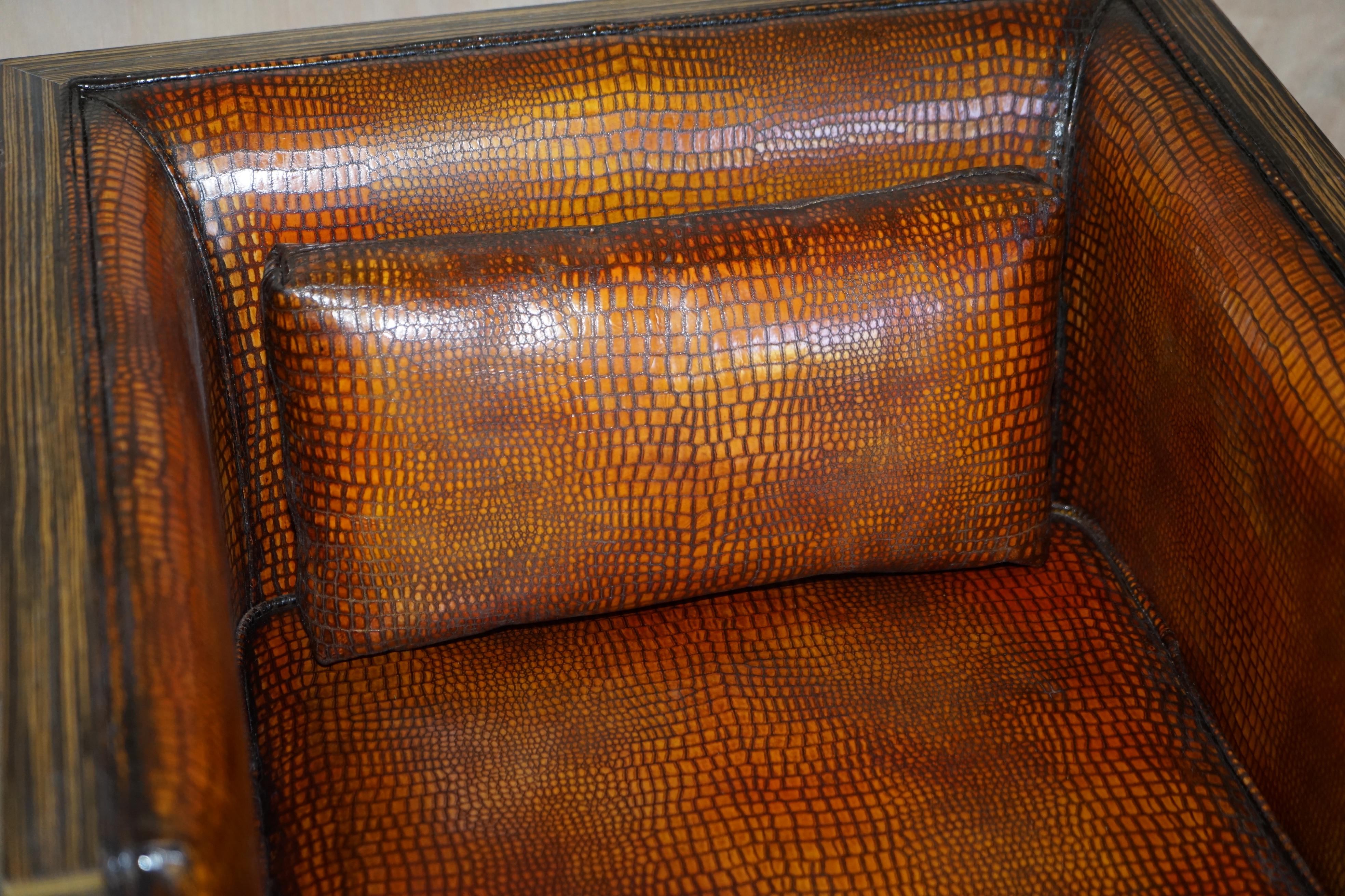 European Pair of Zebrano Wood Crocodile Alligator Patina Brown Leather Swivel Armchairs For Sale
