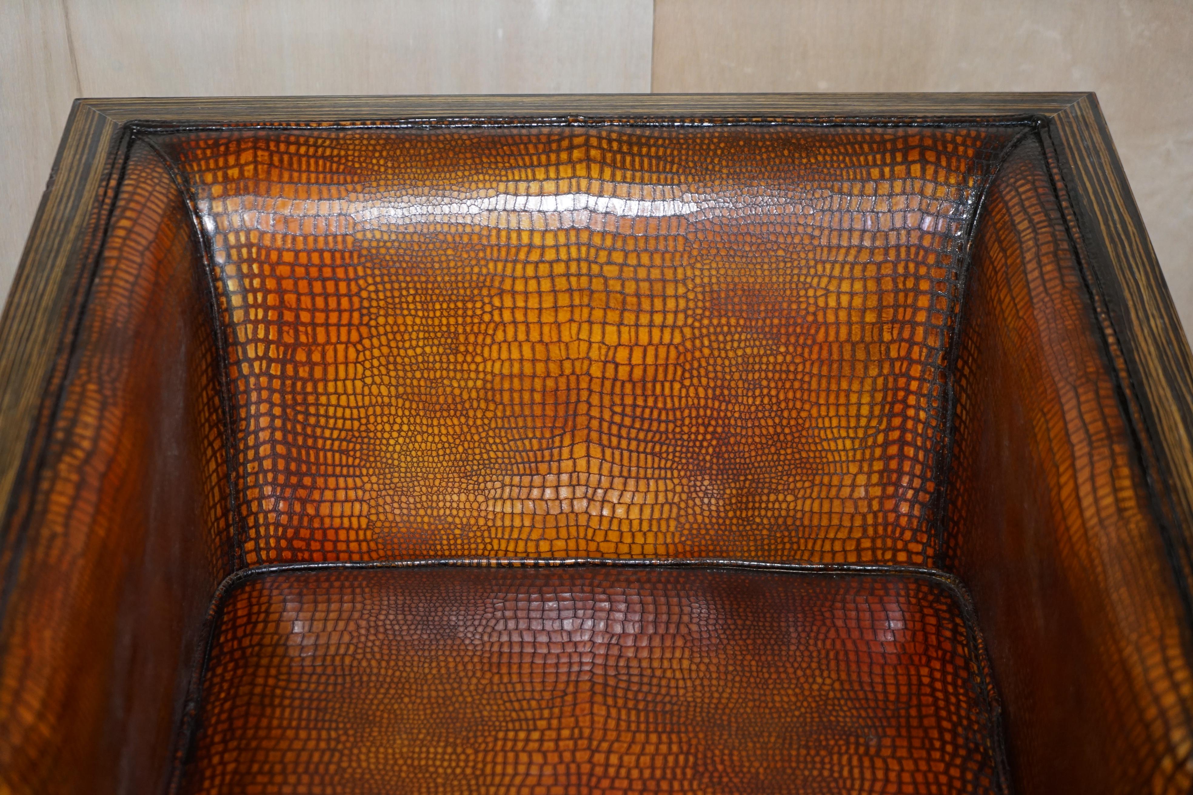 20th Century Pair of Zebrano Wood Crocodile Alligator Patina Brown Leather Swivel Armchairs For Sale