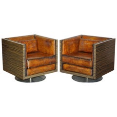 Pair of Zebrano Wood Crocodile Alligator Patina Brown Leather Swivel Armchairs