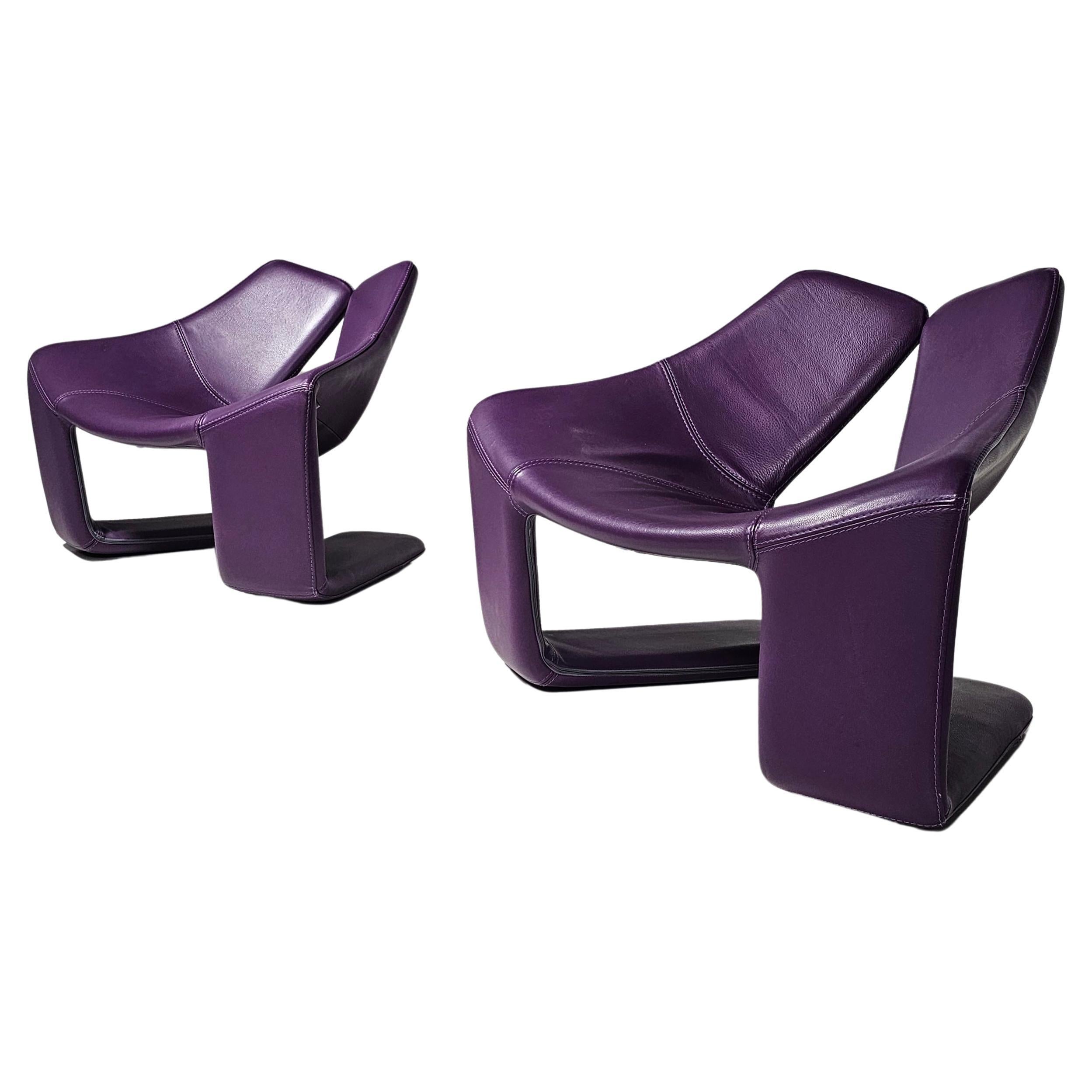 Pair of "Zen" lounge chairs in purple leather by Kwok Hoi Chan for Steiner, 1970