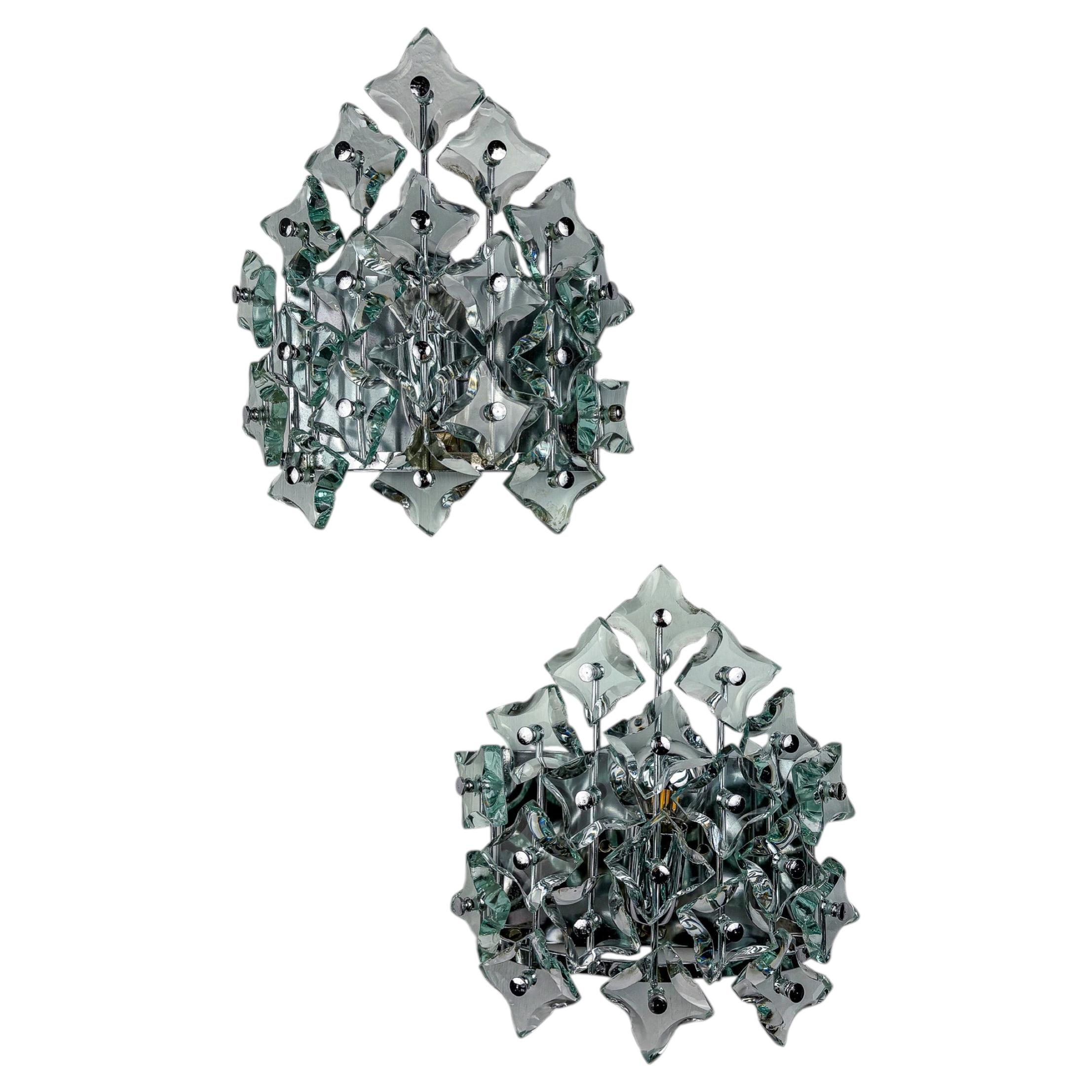 Pair of Zero Quattro Sconces, Murano Cut Glass, Italy, 1970s