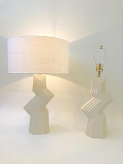 Pair of Zig Zag White Plaster and Brass Table Lamps