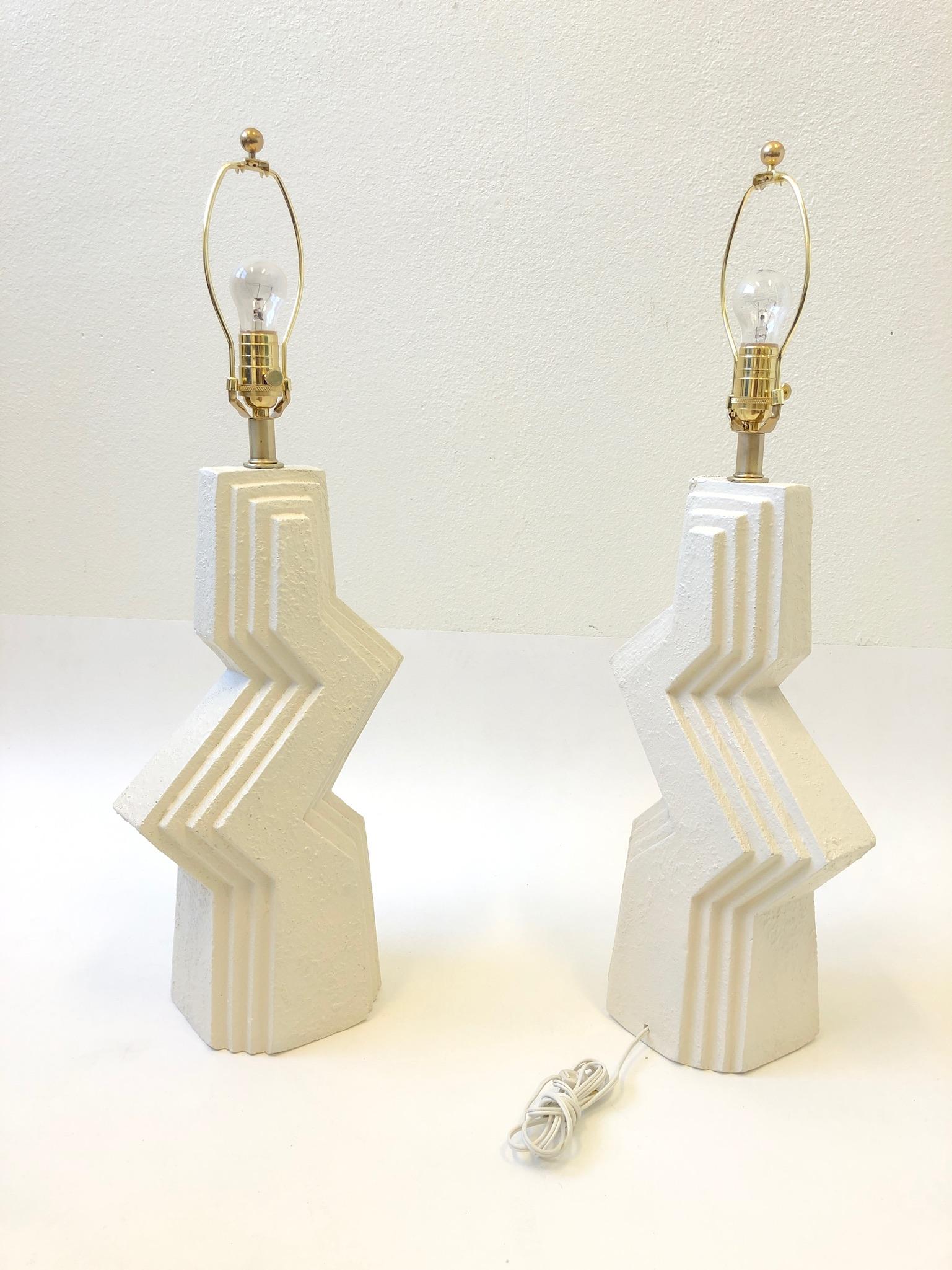 American Pair of Zig Zag White Plaster and Brass Table Lamps