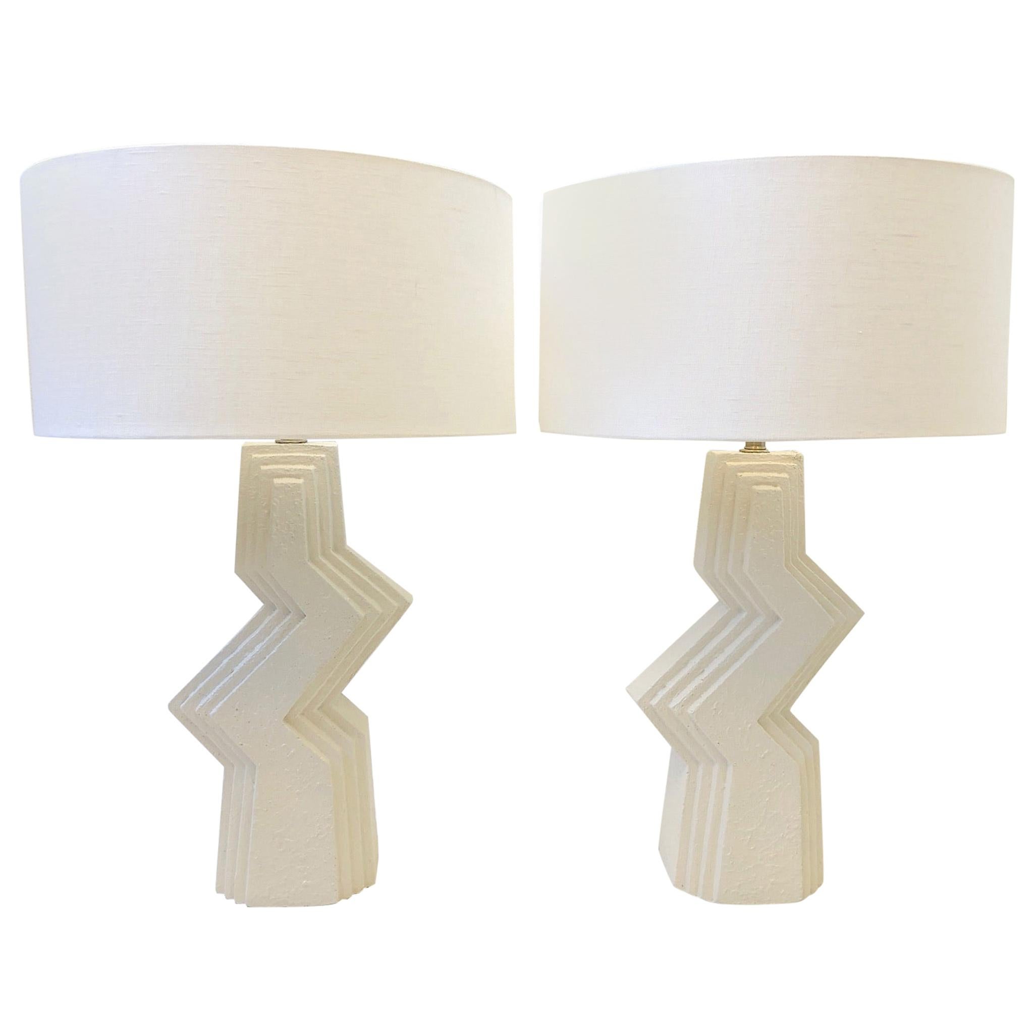 Pair of Zig Zag White Plaster and Brass Table Lamps