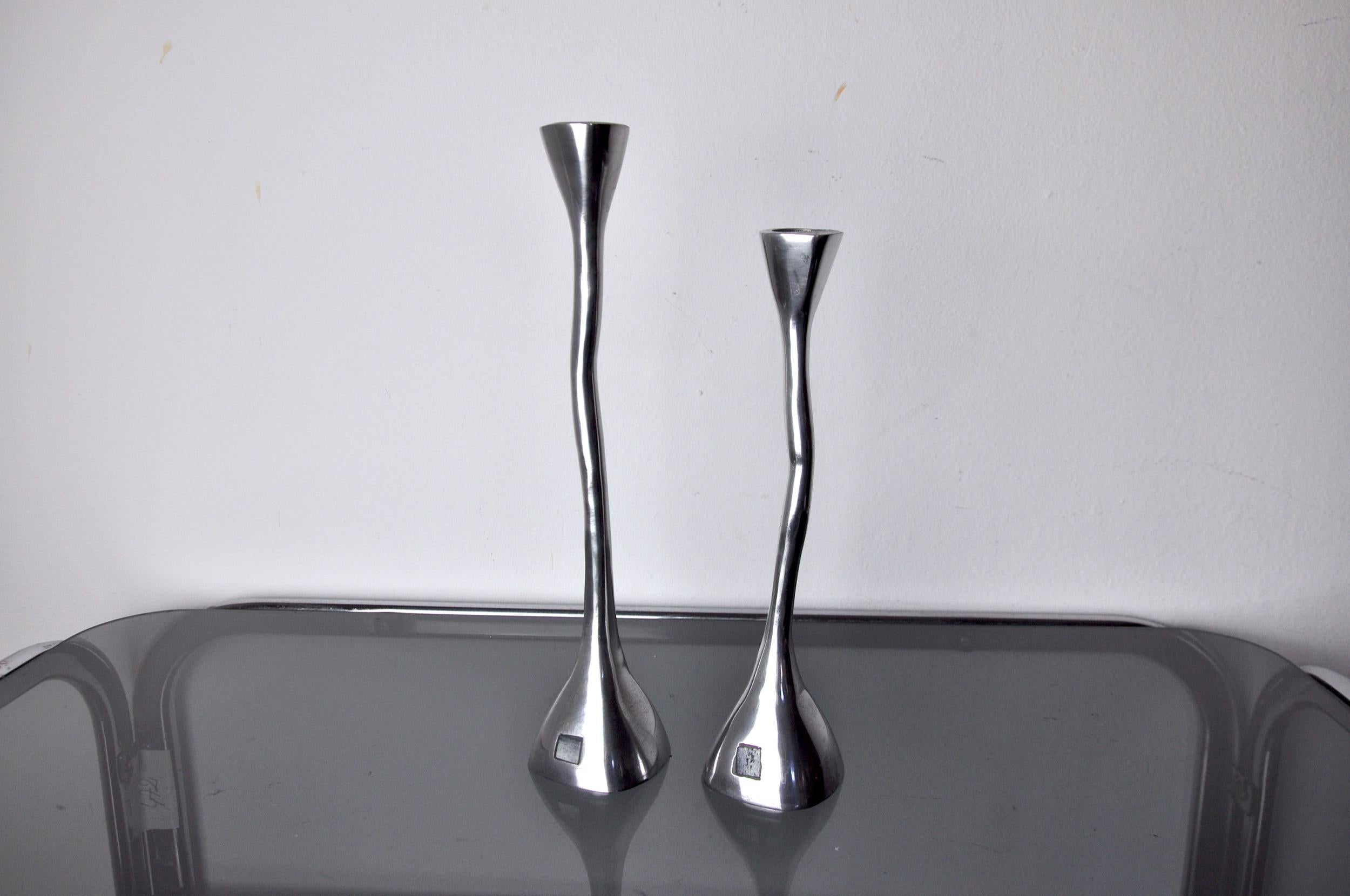Metal Pair of Zigzag Candle Holders, Solid Aluminum and Polished Stone, Art3, Spain For Sale