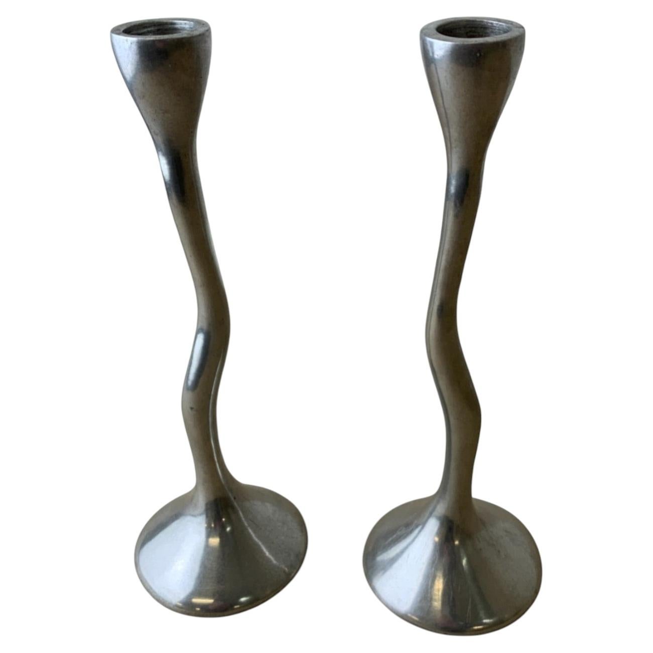 Pair of zigzag candlesticks, solid aluminium, Spain, Circa 1980's For Sale