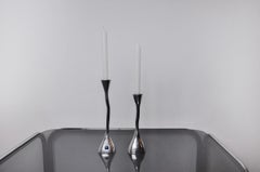Pair of zigzag candlesticks, solid aluminum and polished stone, art3