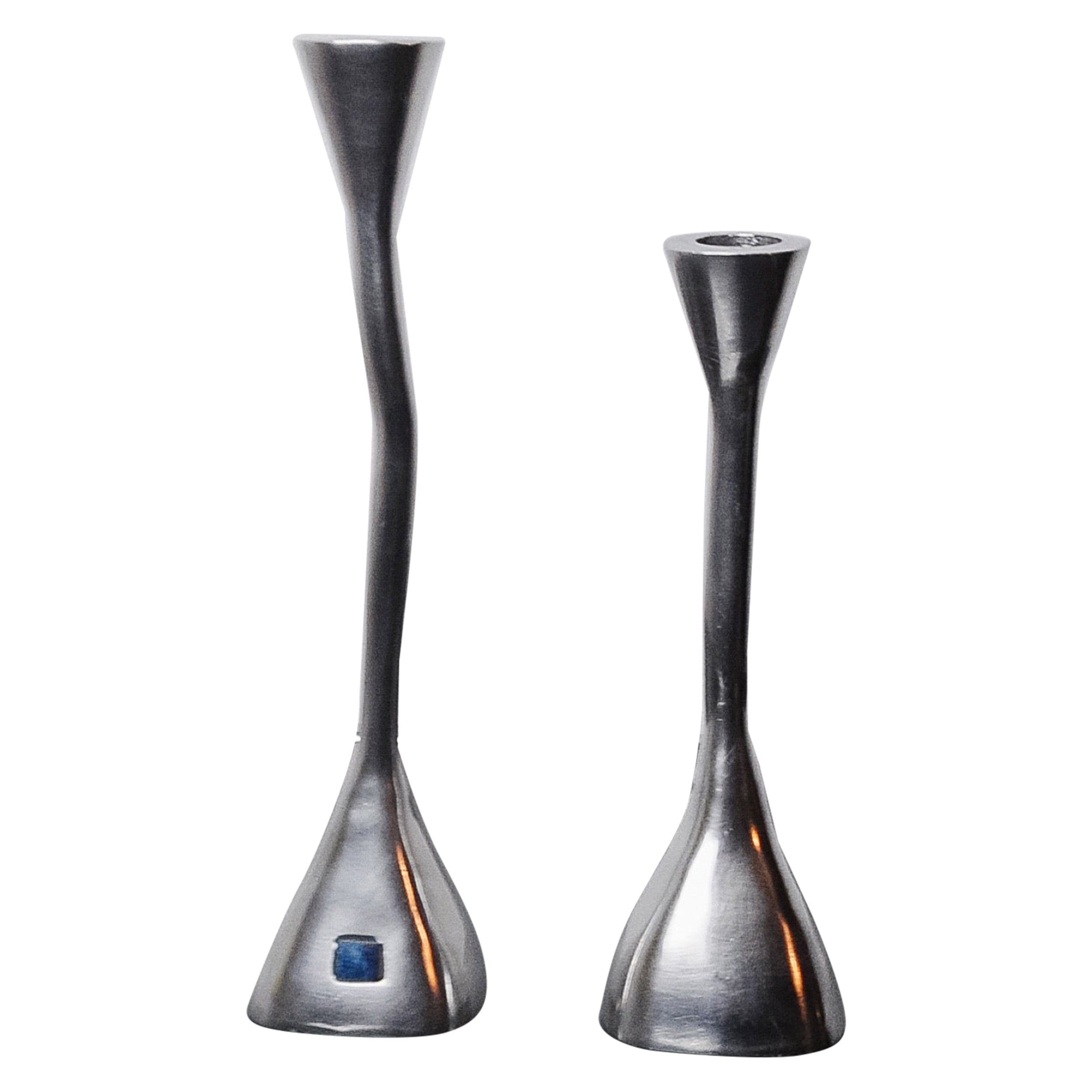 Pair of zigzag candlesticks, solid aluminum and polished stone, art3