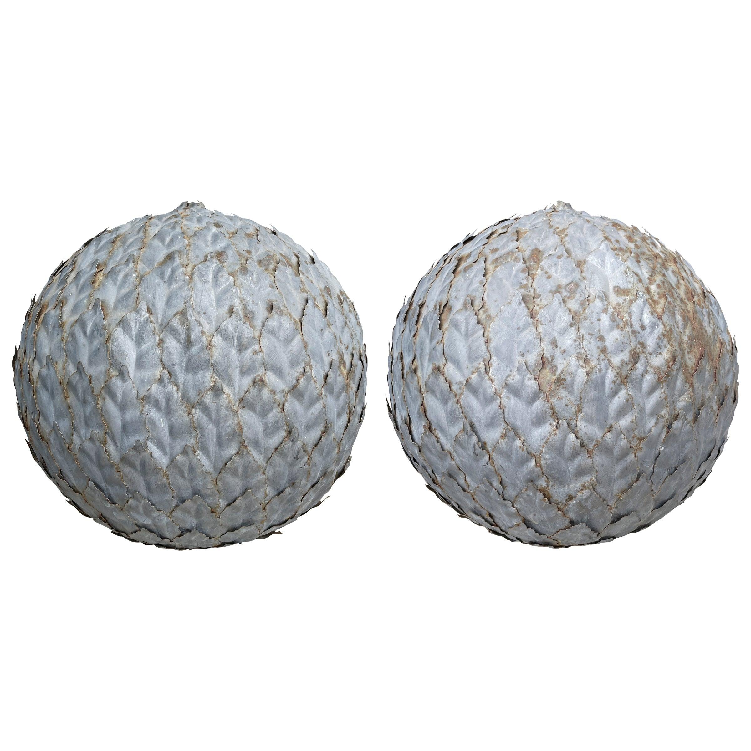 Pair of Zinc Laurel Leaf Garden Spheres For Sale