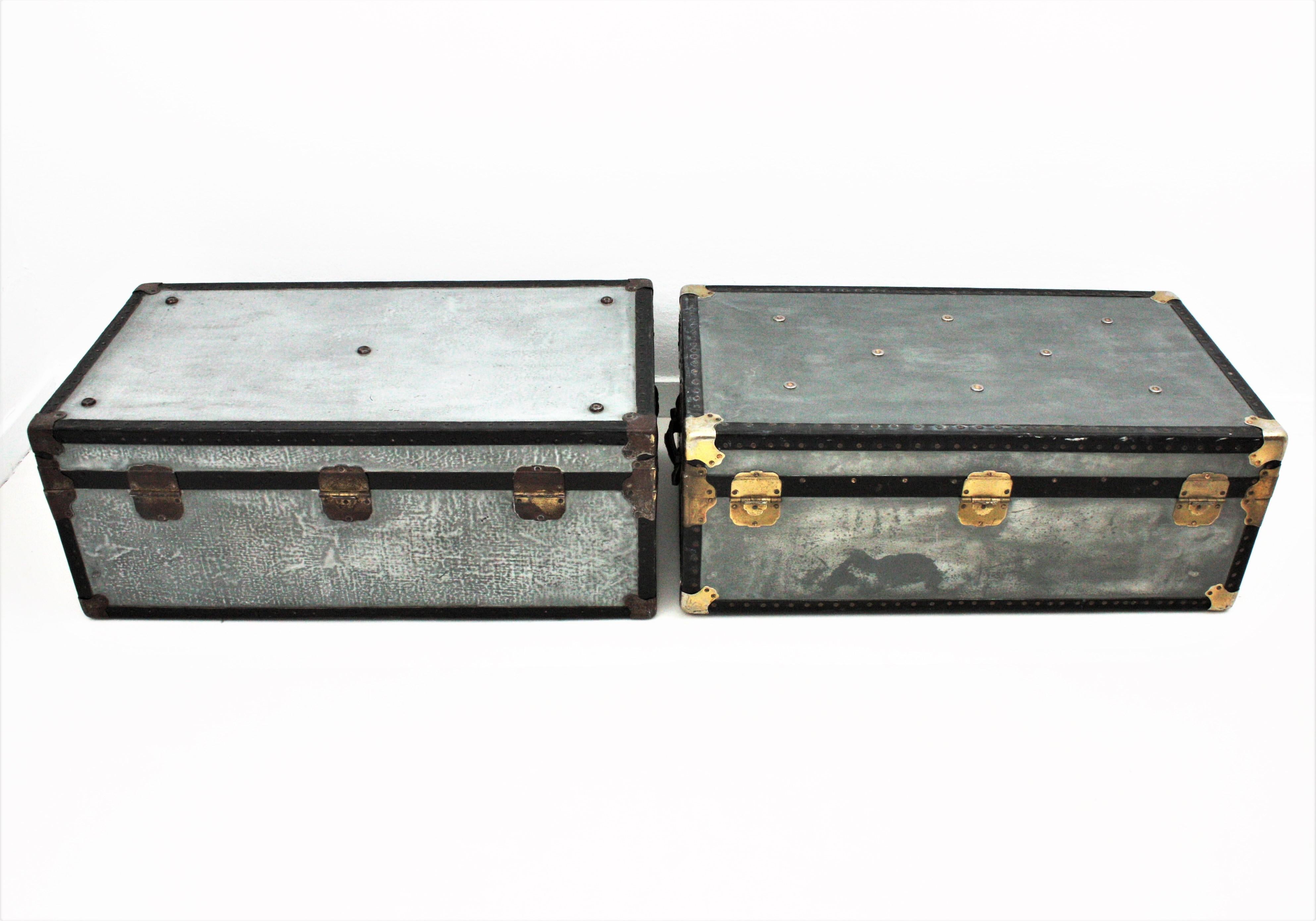 Pair of Zinc Steamer Trunks / Coffee Tables For Sale 9