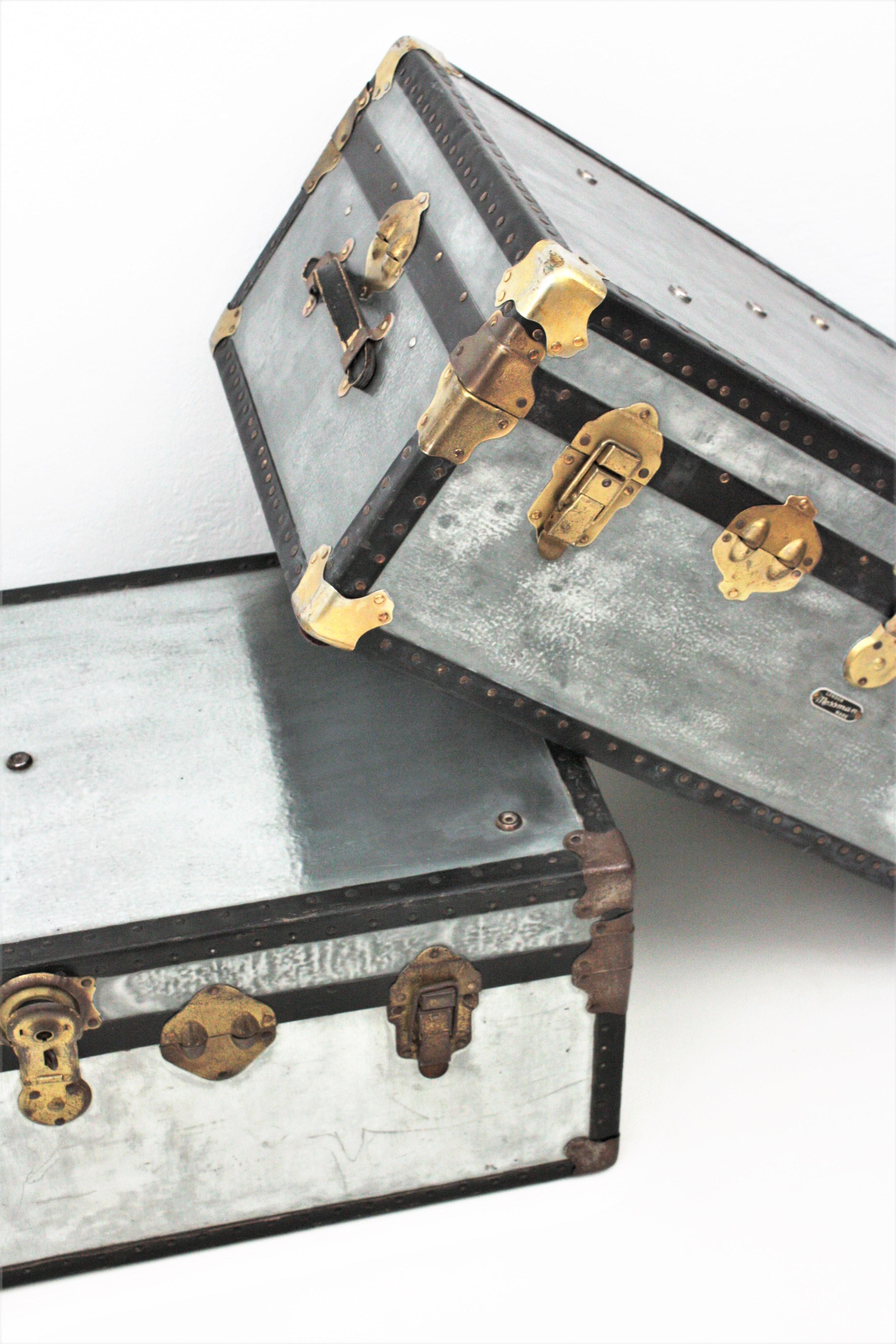 Industrial Pair of Zinc Steamer Trunks / Coffee Tables For Sale