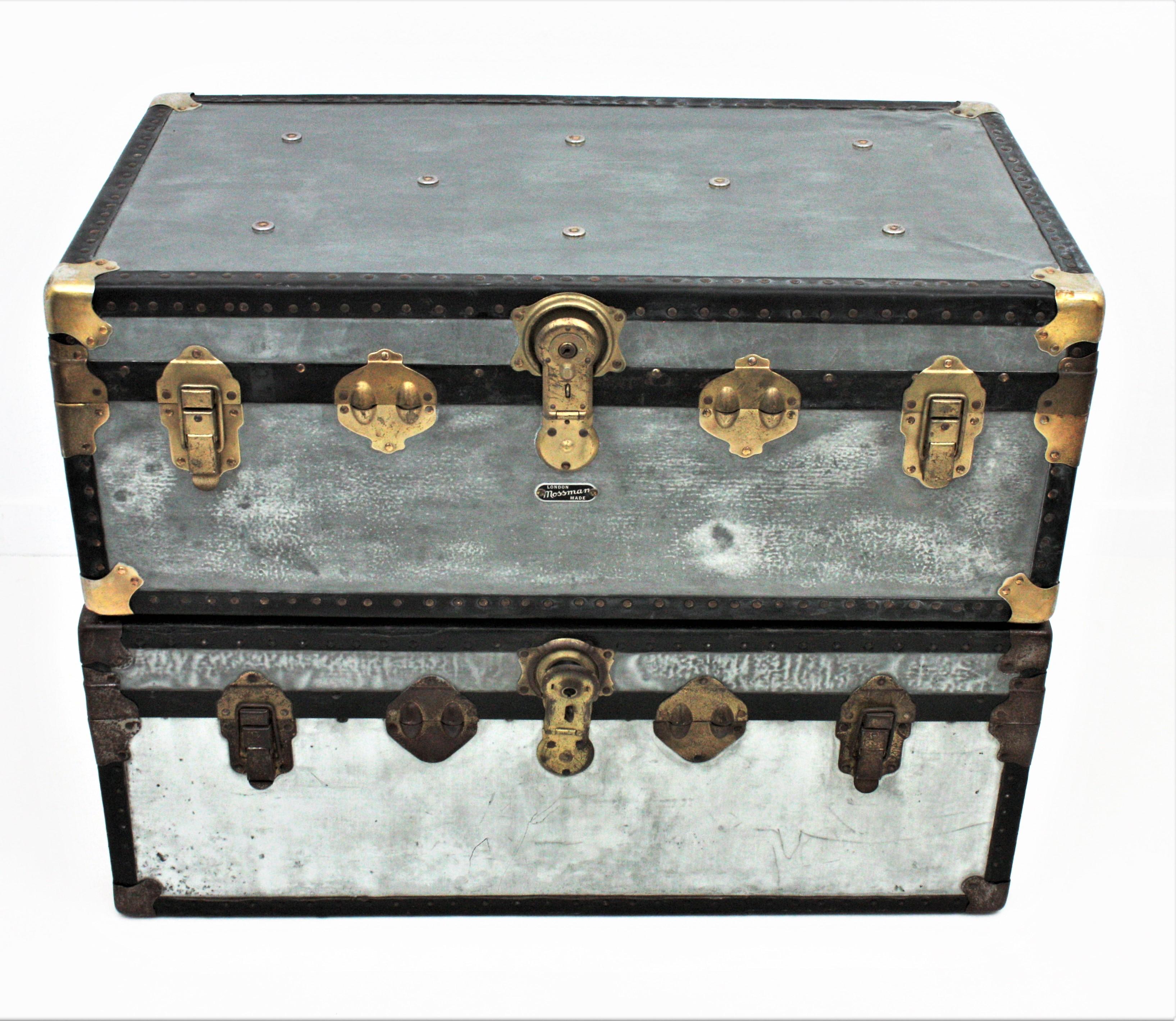 Polished Pair of Zinc Steamer Trunks / Coffee Tables For Sale