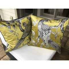 Pair of Zoffany Darnley Toile-Tigers Eye Chartreuse and Gray Down Filled Pillows
