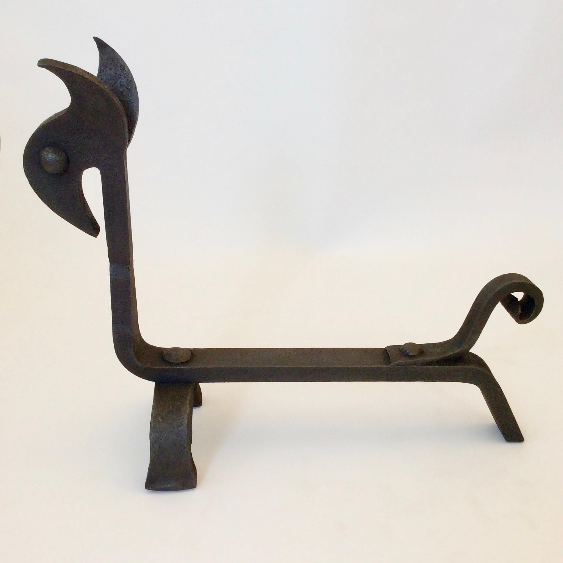 Nice pair of original zoomorphic andirons, France, circa 1940
Wrought iron.
Dimensions of one piece: 42 cm H, 52 cm D, 18 cm W
Good condition.
   