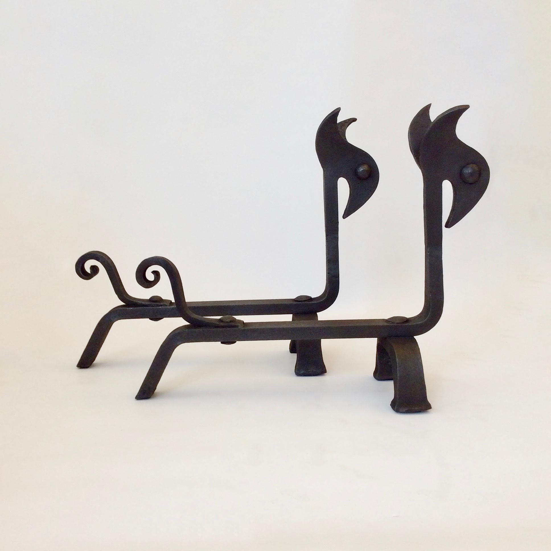 Wrought Iron Pair of Zoomorphic Andirons, France, circa 1940