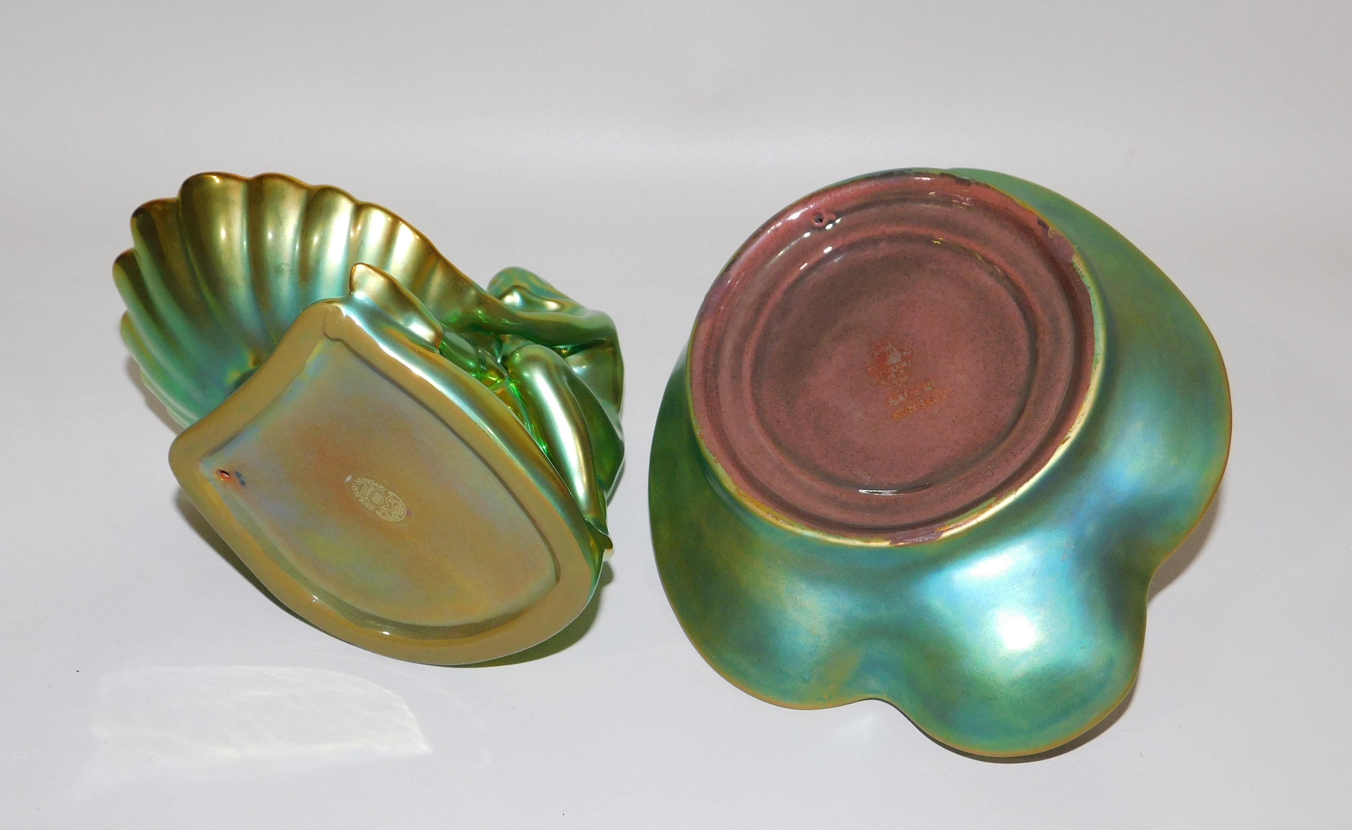 Pair of Zsolnay Decorative Ceramic Figurative Dishes with Eosin Glaze For Sale 5
