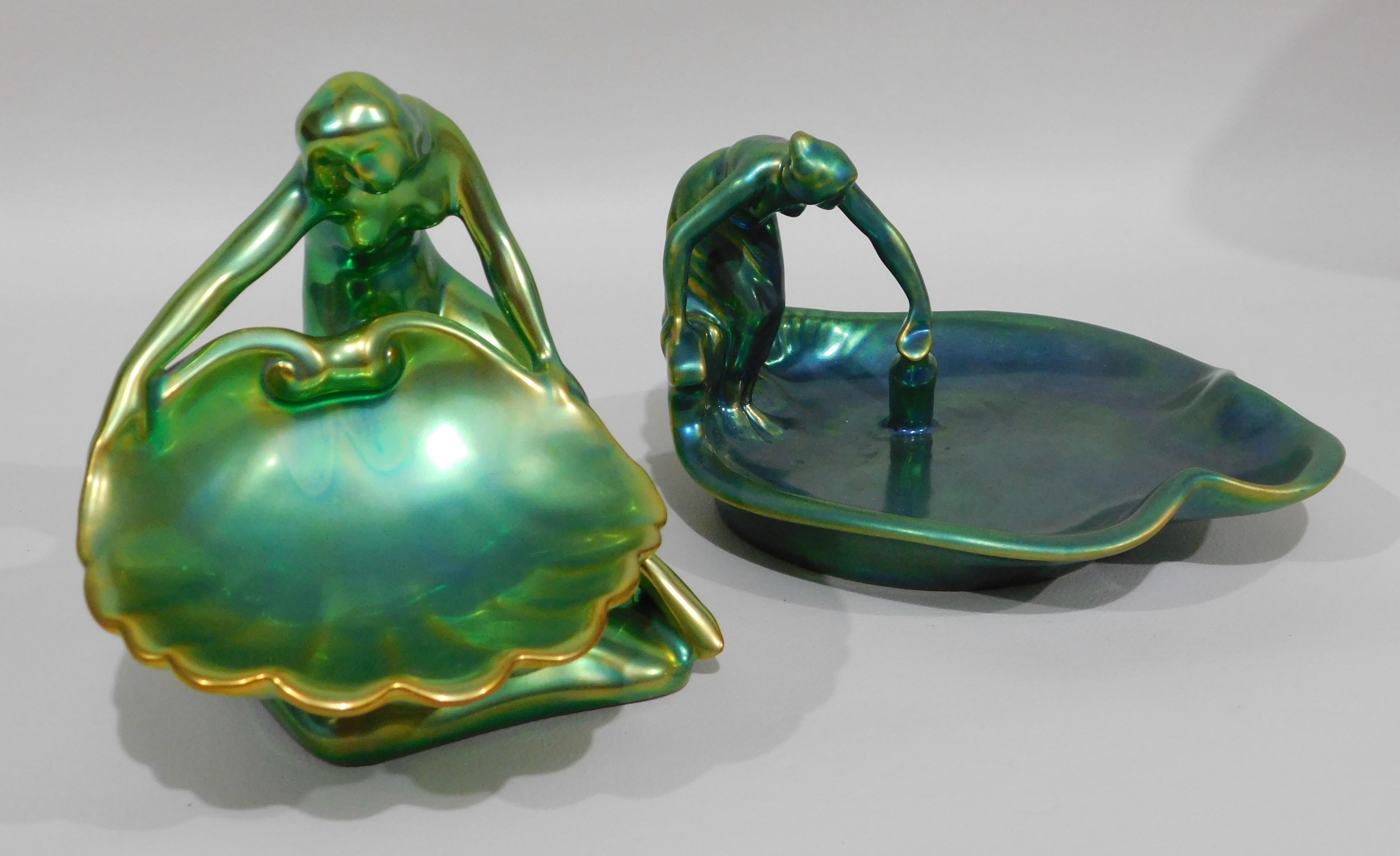 Pair of Zsolnay Decorative Ceramic Figurative Dishes with Eosin Glaze In Good Condition For Sale In Hamilton, Ontario