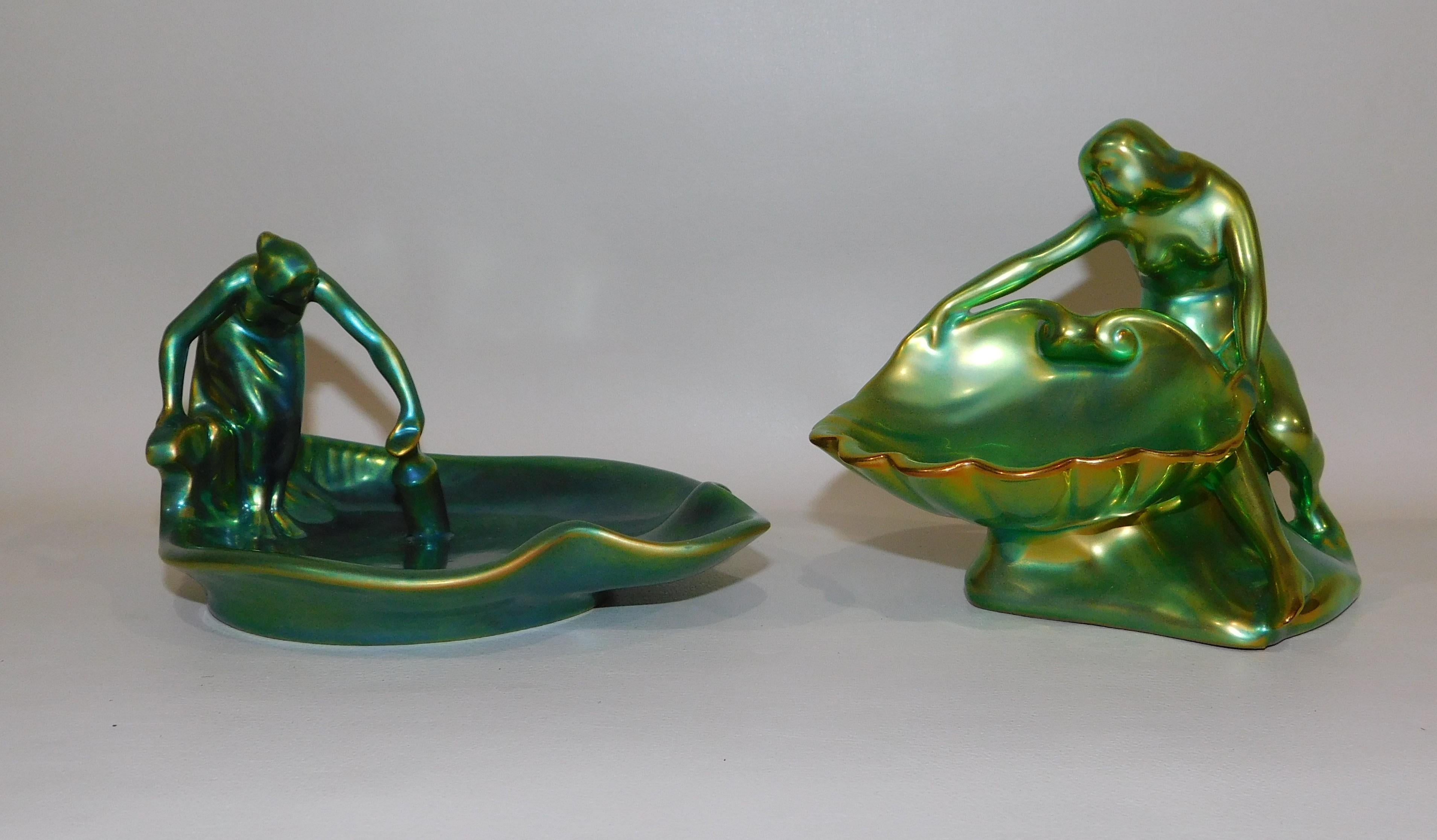 Early 20th Century Pair of Zsolnay Decorative Ceramic Figurative Dishes with Eosin Glaze For Sale