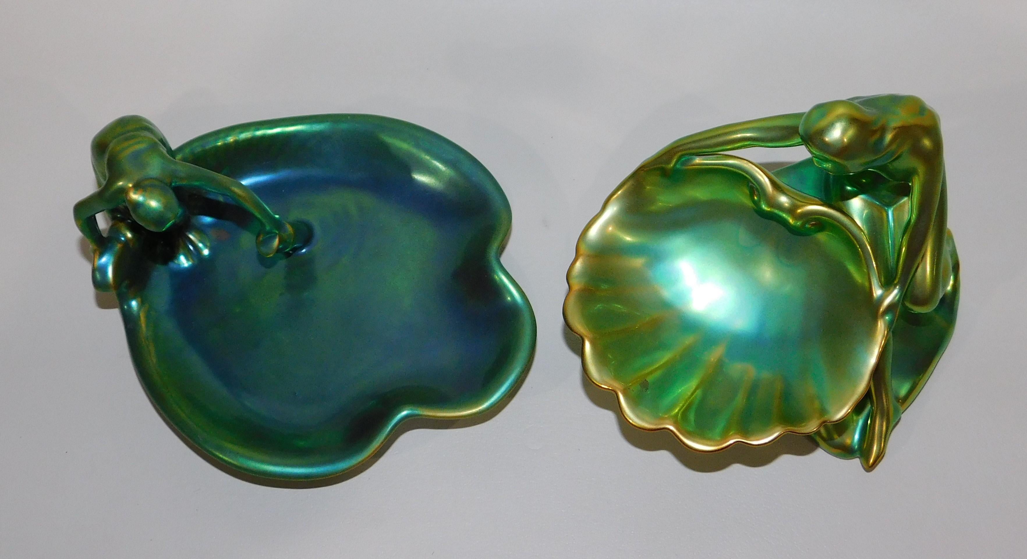 Pair of Zsolnay Decorative Ceramic Figurative Dishes with Eosin Glaze For Sale 1