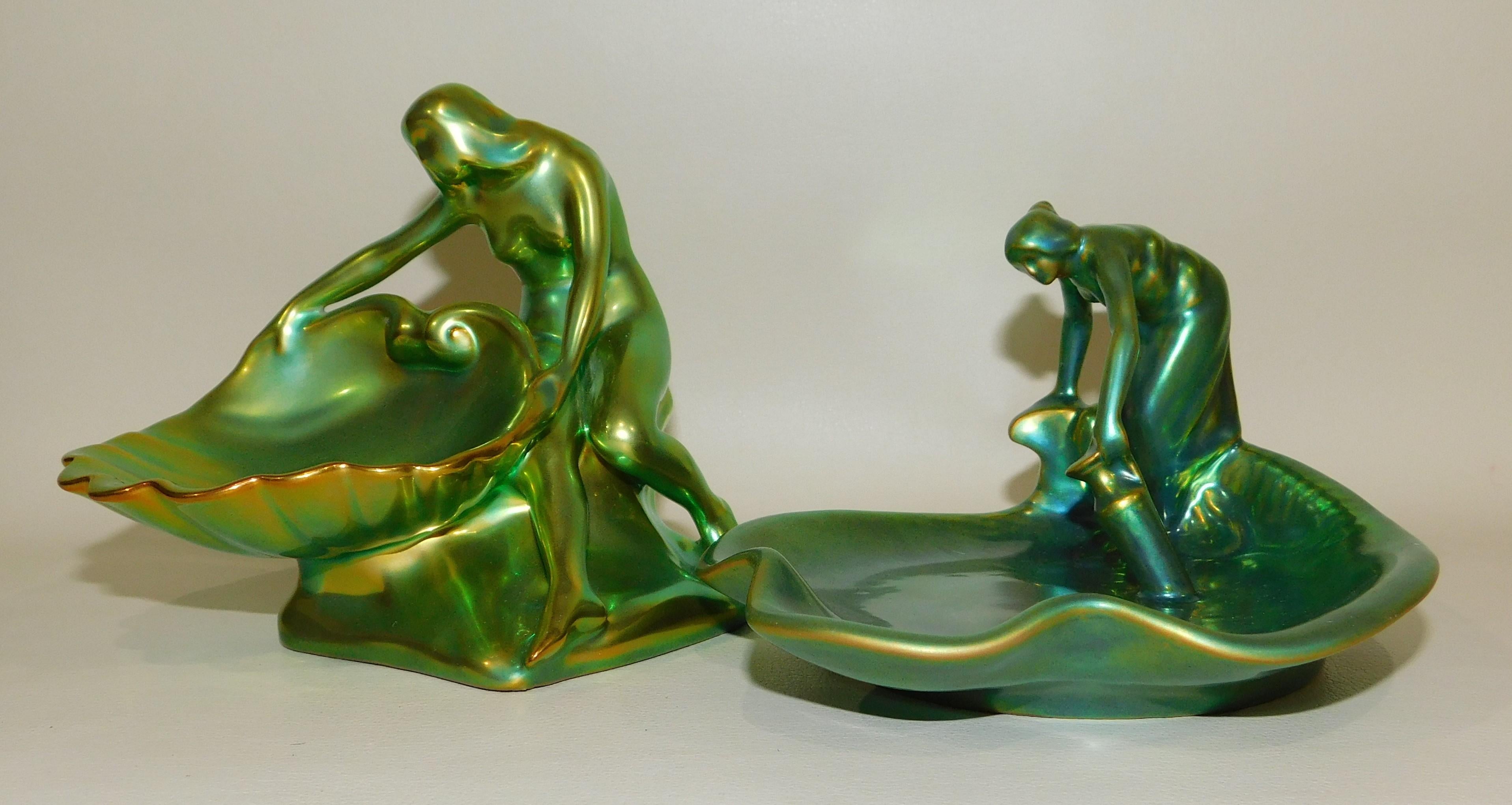 Pair of Zsolnay Decorative Ceramic Figurative Dishes with Eosin Glaze For Sale 2