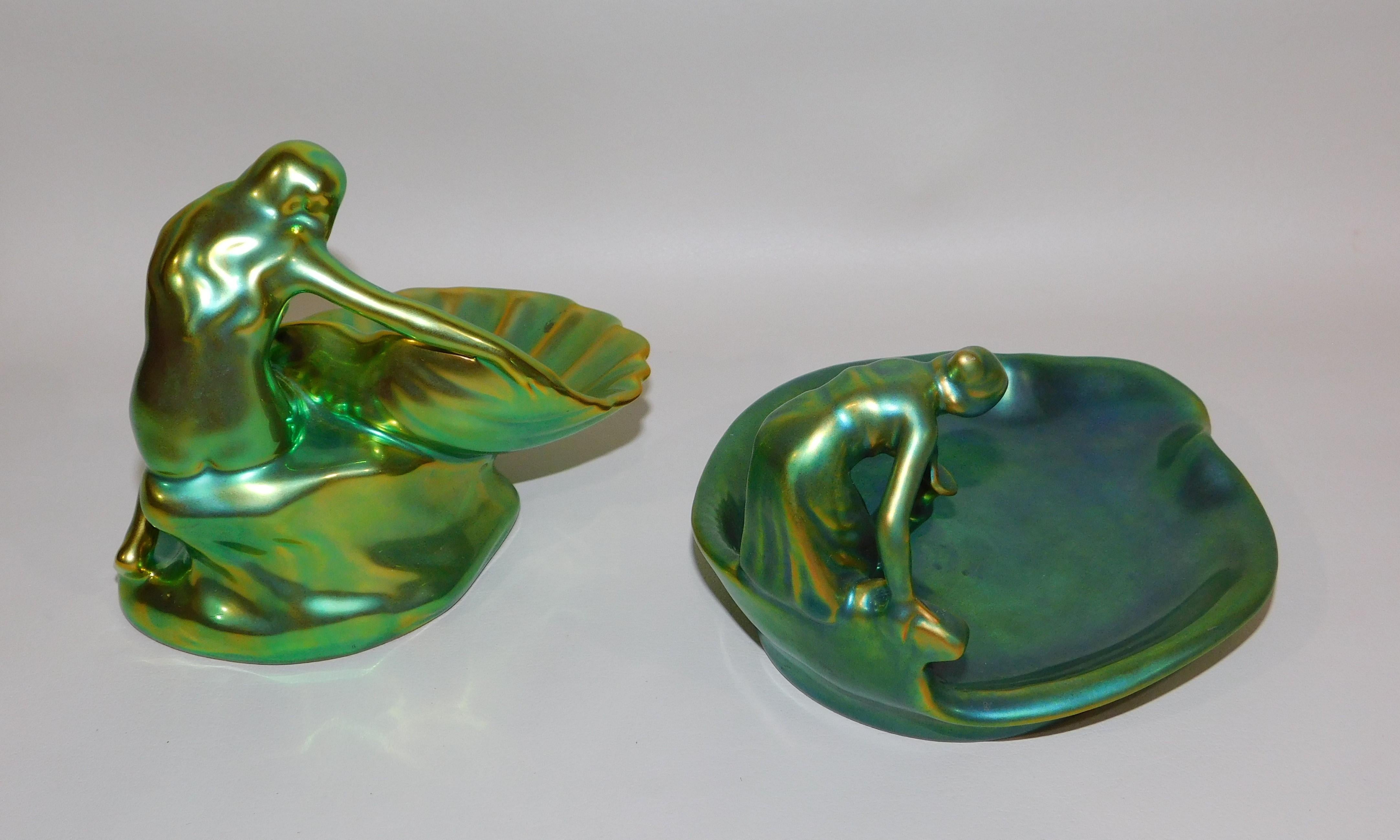 Pair of Zsolnay Decorative Ceramic Figurative Dishes with Eosin Glaze For Sale 4