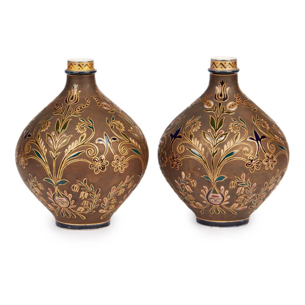 Pair of Zsolnay Persian Floral Design Art Pottery Vases, circa 1890 In Excellent Condition In Bishop's Stortford, Hertfordshire