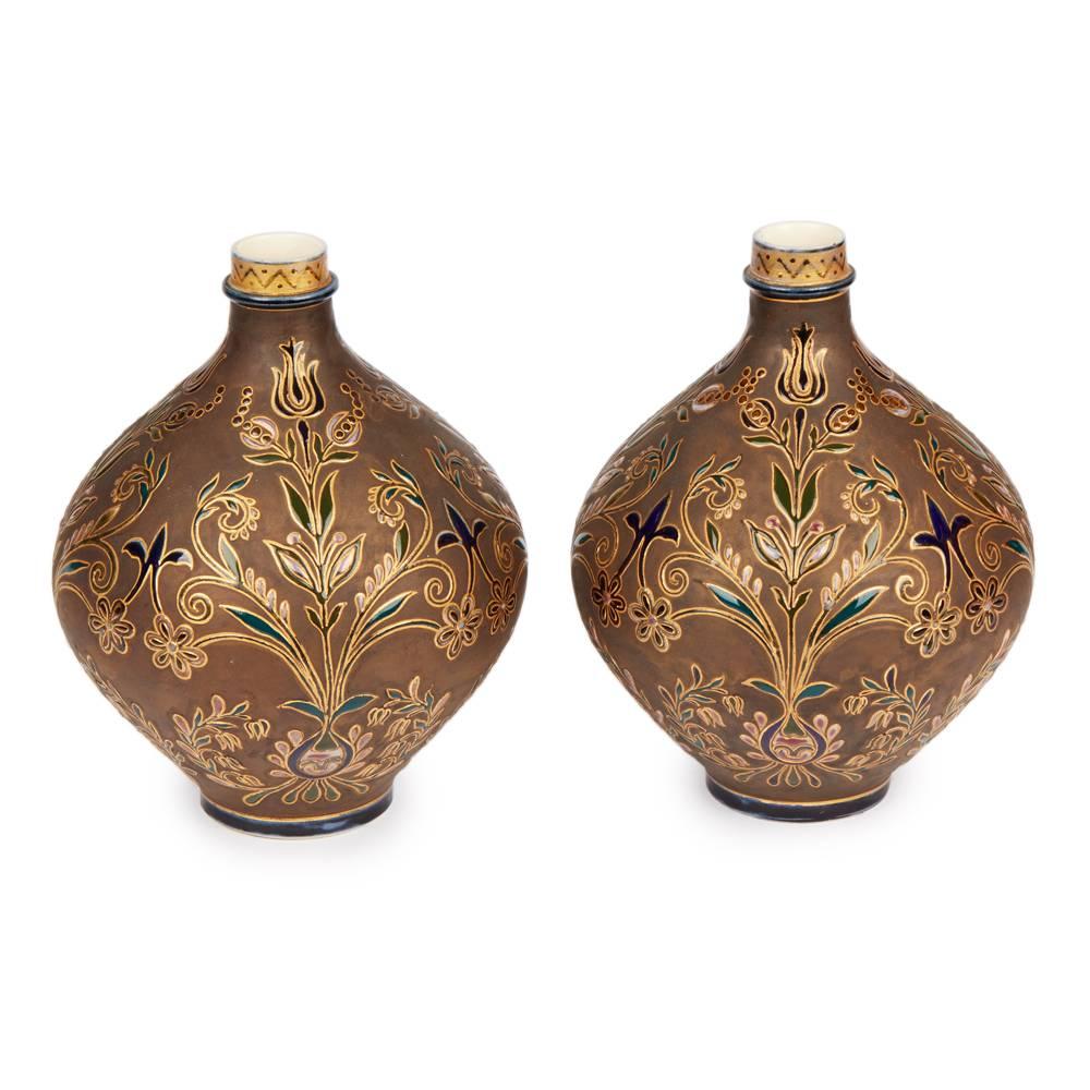 Late 19th Century Pair of Zsolnay Persian Floral Design Art Pottery Vases, circa 1890