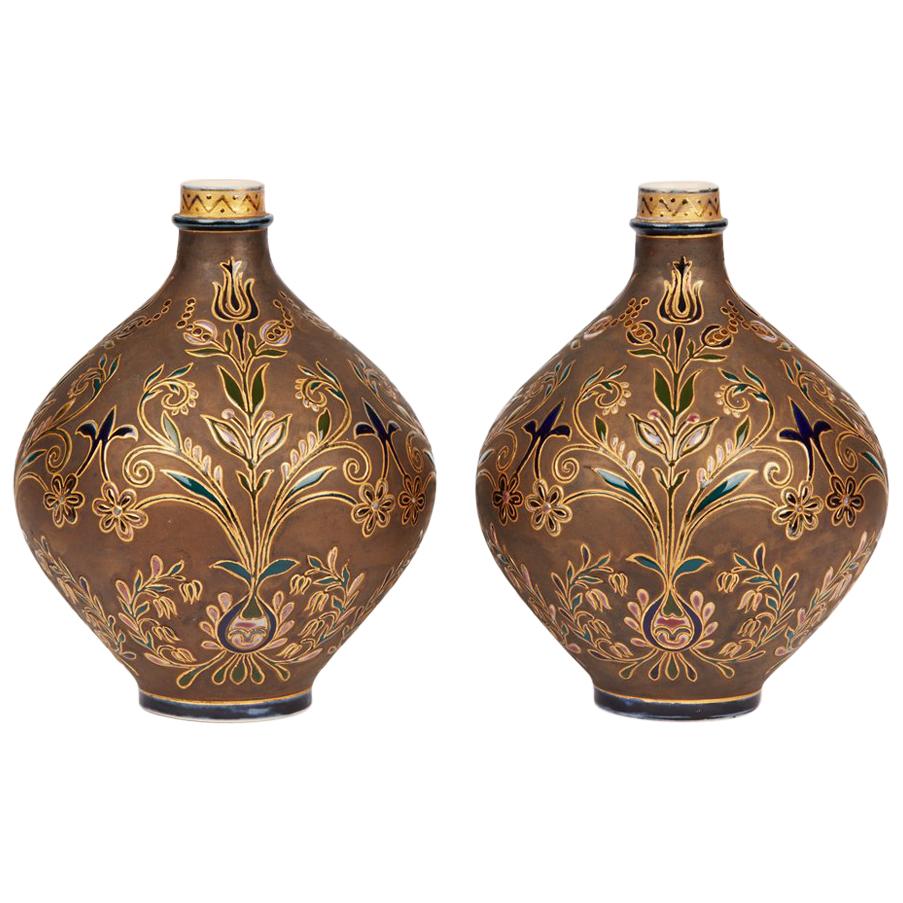 Pair of Zsolnay Persian Floral Design Art Pottery Vases, circa 1890
