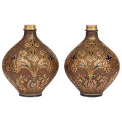 Antique Pair of Zsolnay Persian Floral Design Art Pottery Vases, circa 1890