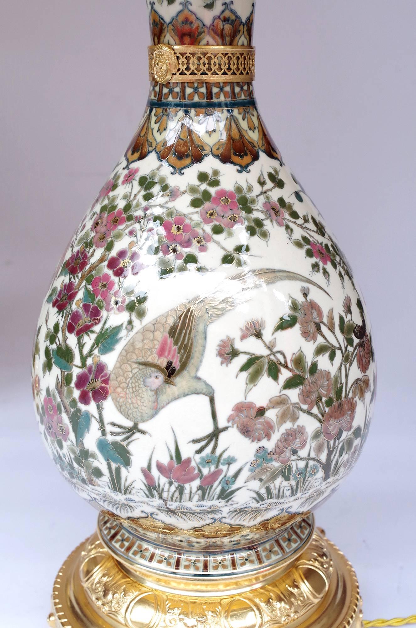 Pair of Zsolnay Porcelain Lamps, Cream Color and Birds Patterns, circa 1880 In Good Condition In Saint-Ouen, FR