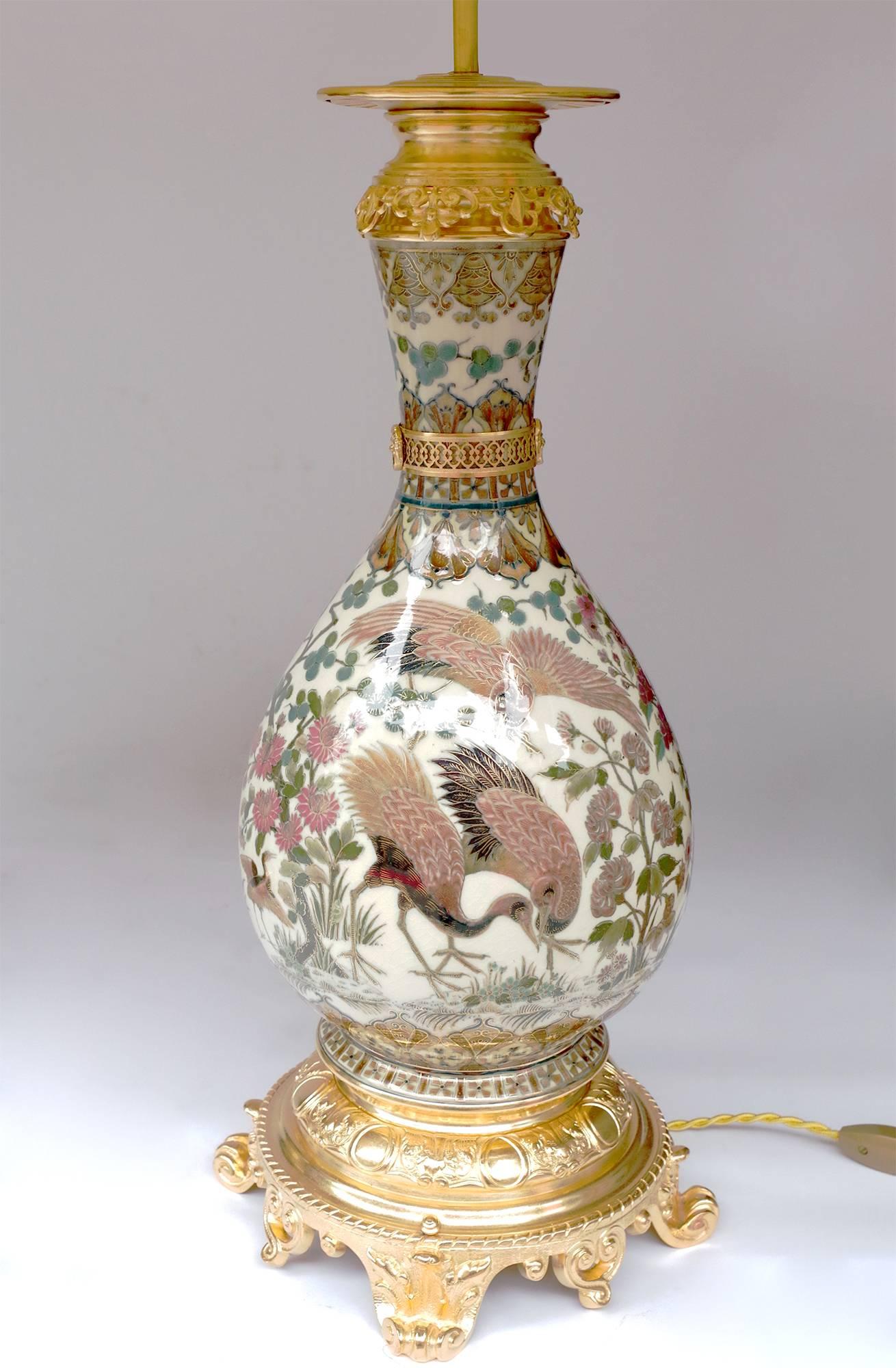Pair of Zsolnay Porcelain Lamps, Cream Color and Birds Patterns, circa 1880 5