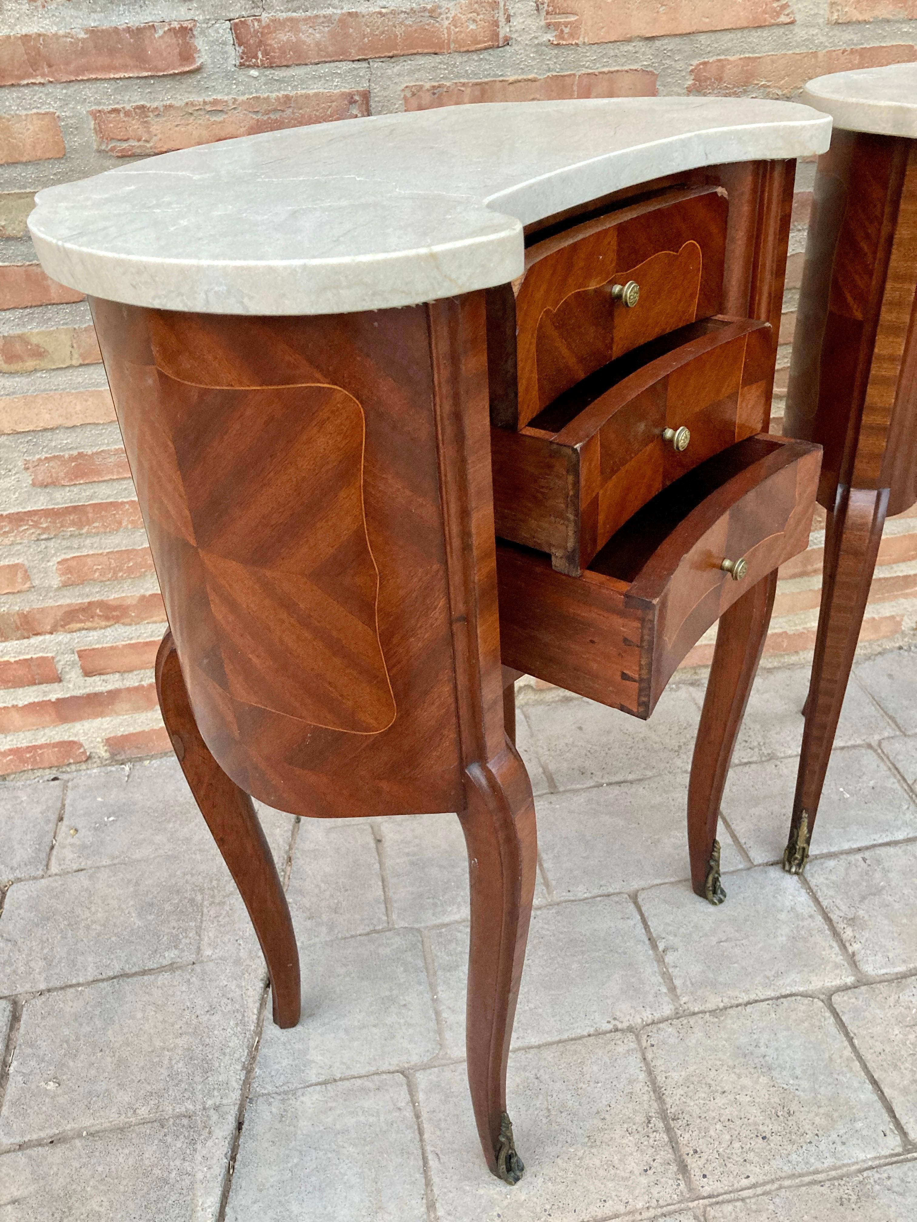 Pair of Antique French Bedside Kidney Tables with Marble Tops 5