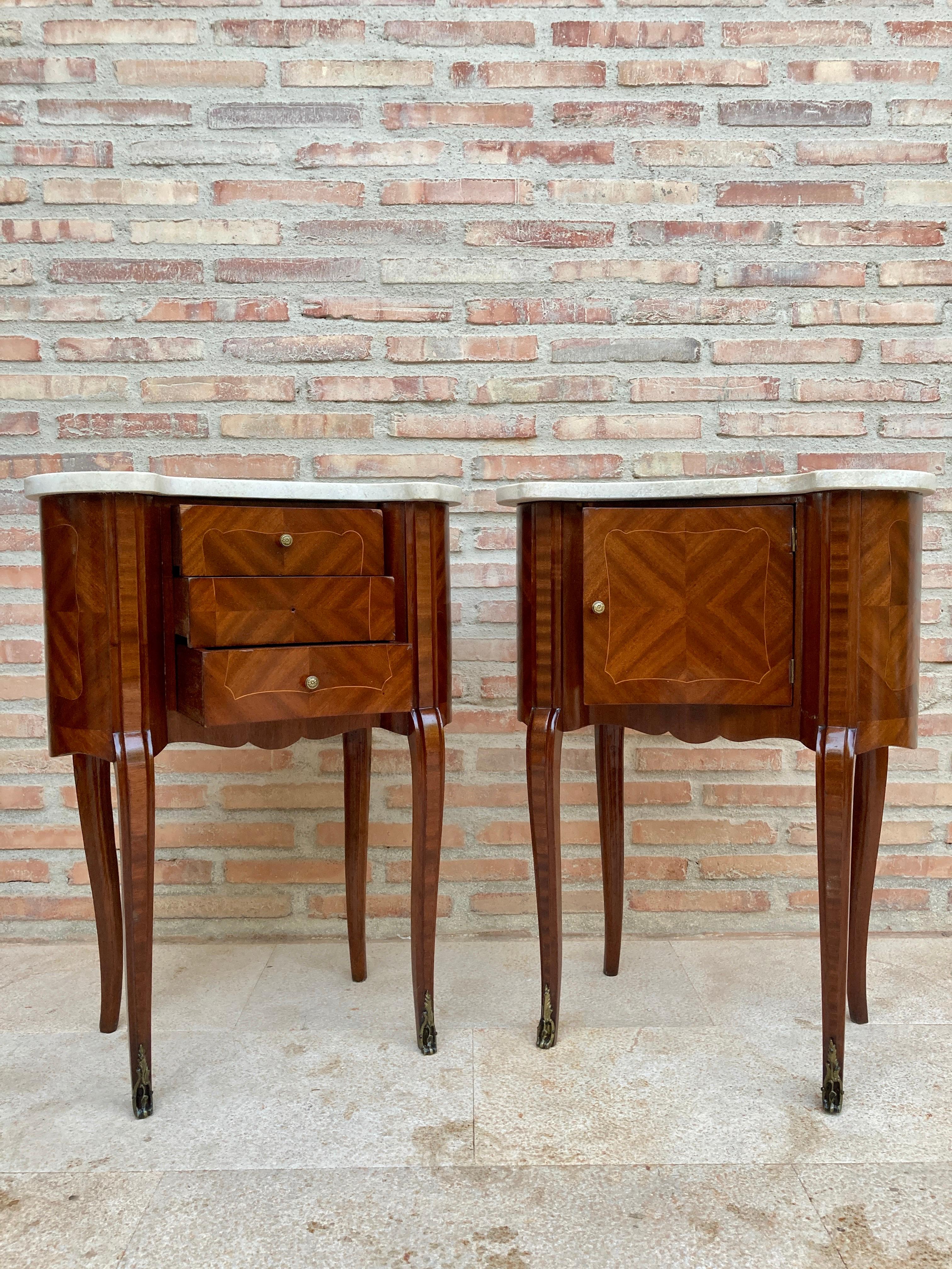 Neoclassical Pair of Antique French Bedside Kidney Tables with Marble Tops