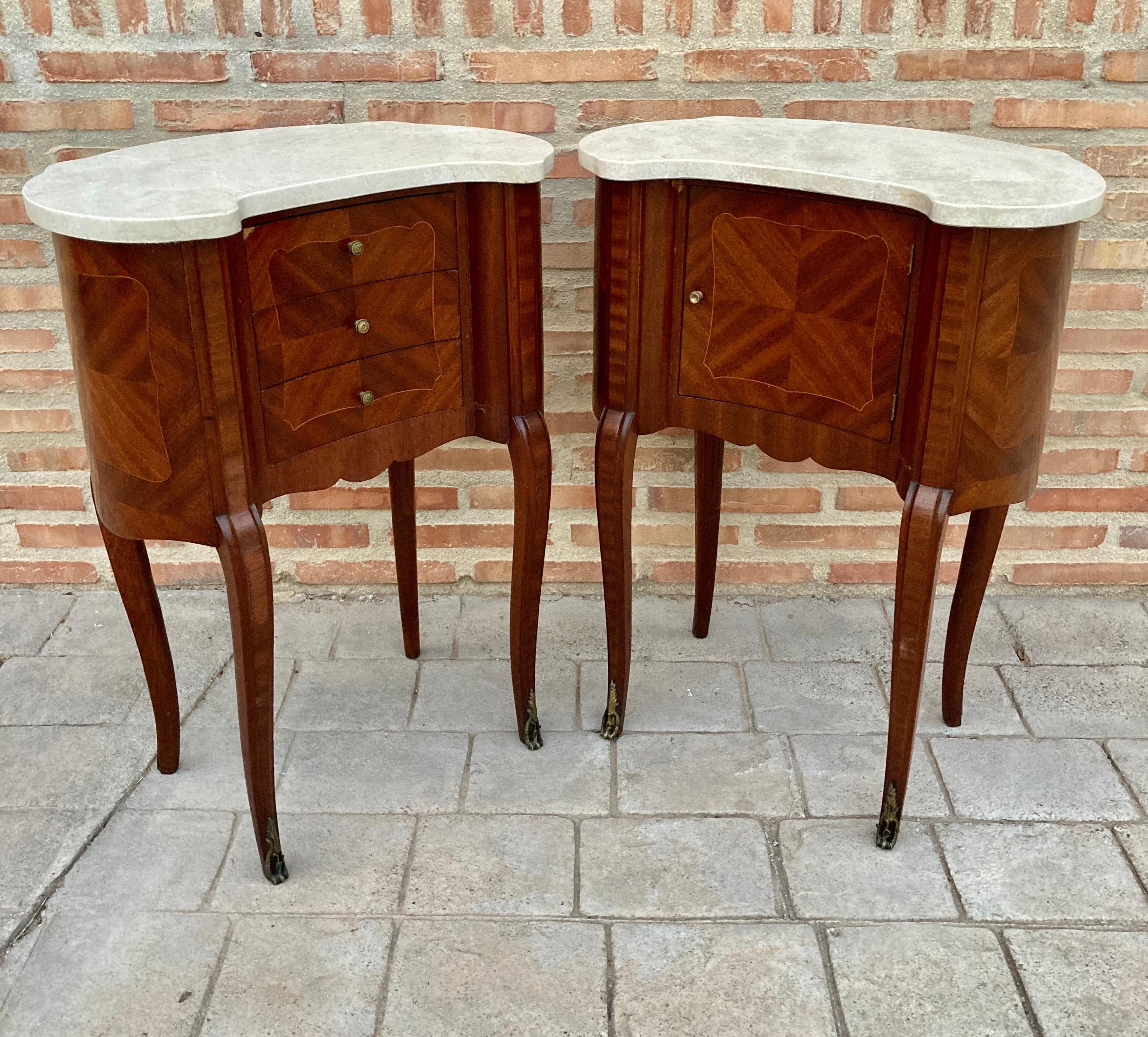 Spanish Pair of Antique French Bedside Kidney Tables with Marble Tops