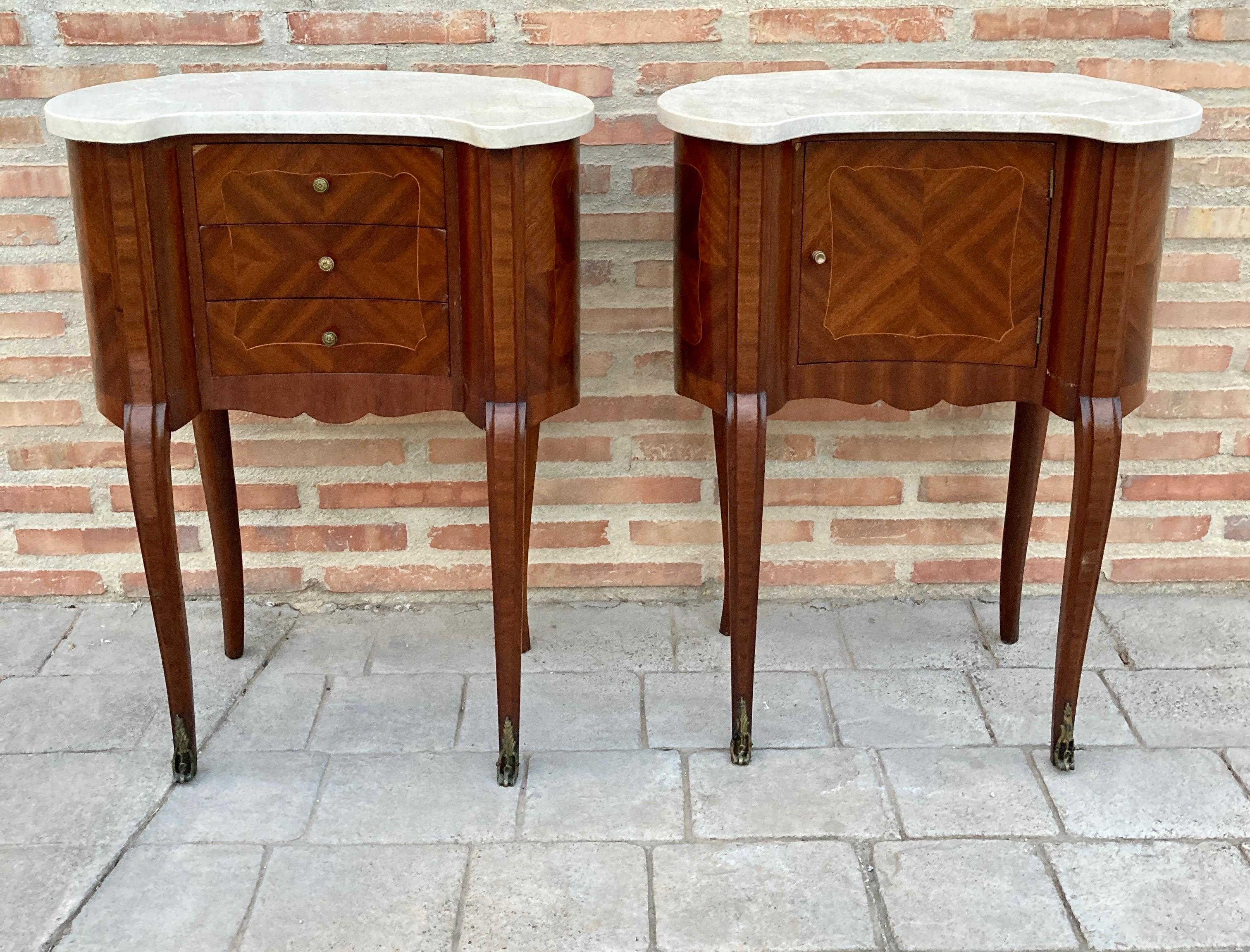 Pair of Antique French Bedside Kidney Tables with Marble Tops 1