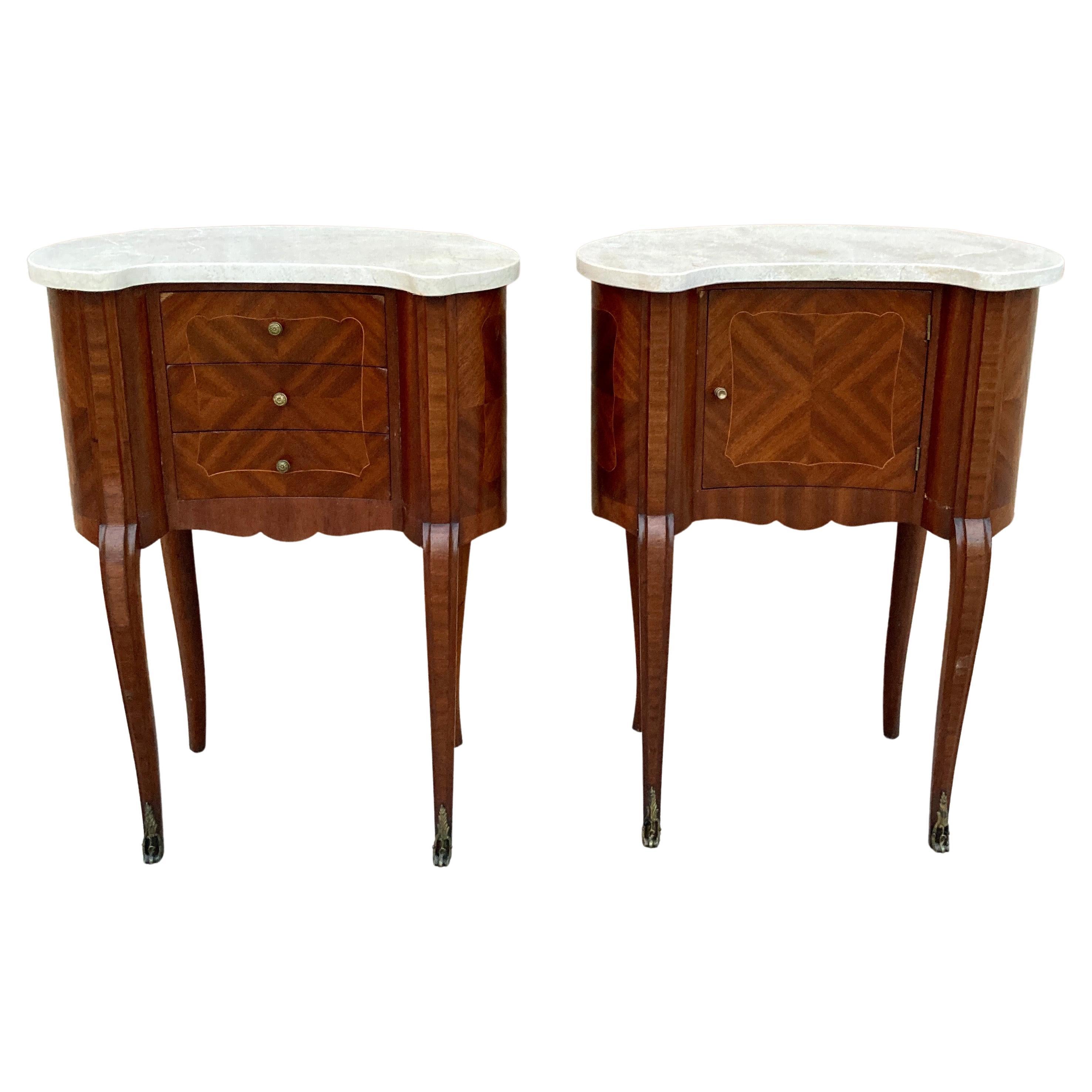 Pair of Antique French Bedside Kidney Tables with Marble Tops