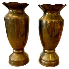 Vintage Pair ofAntique Trench Art Artillery Shell Brass Vases, 1945 + 1945