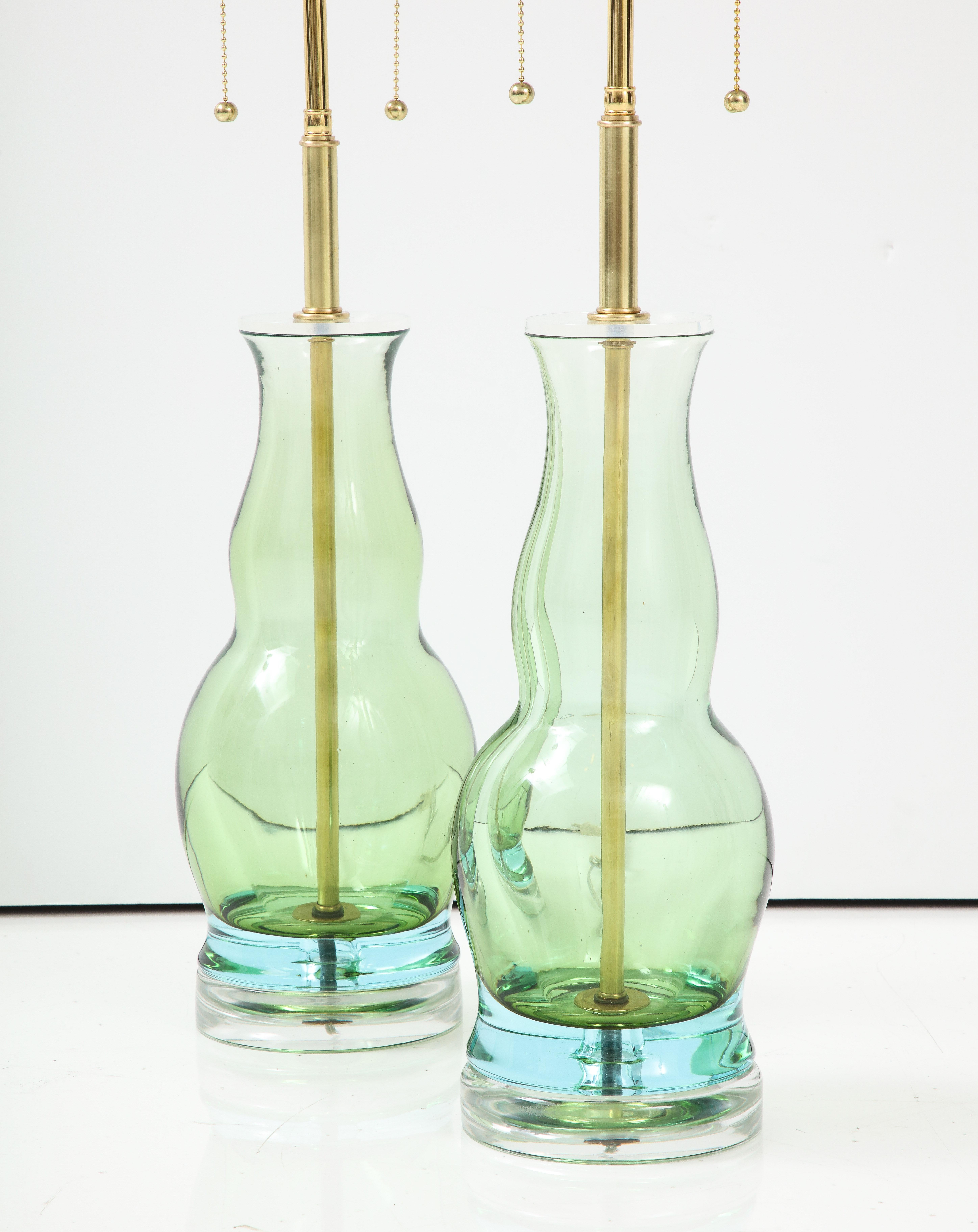 Mid-Century Modern Pair of Green Glass Bottle Shaped Lamps