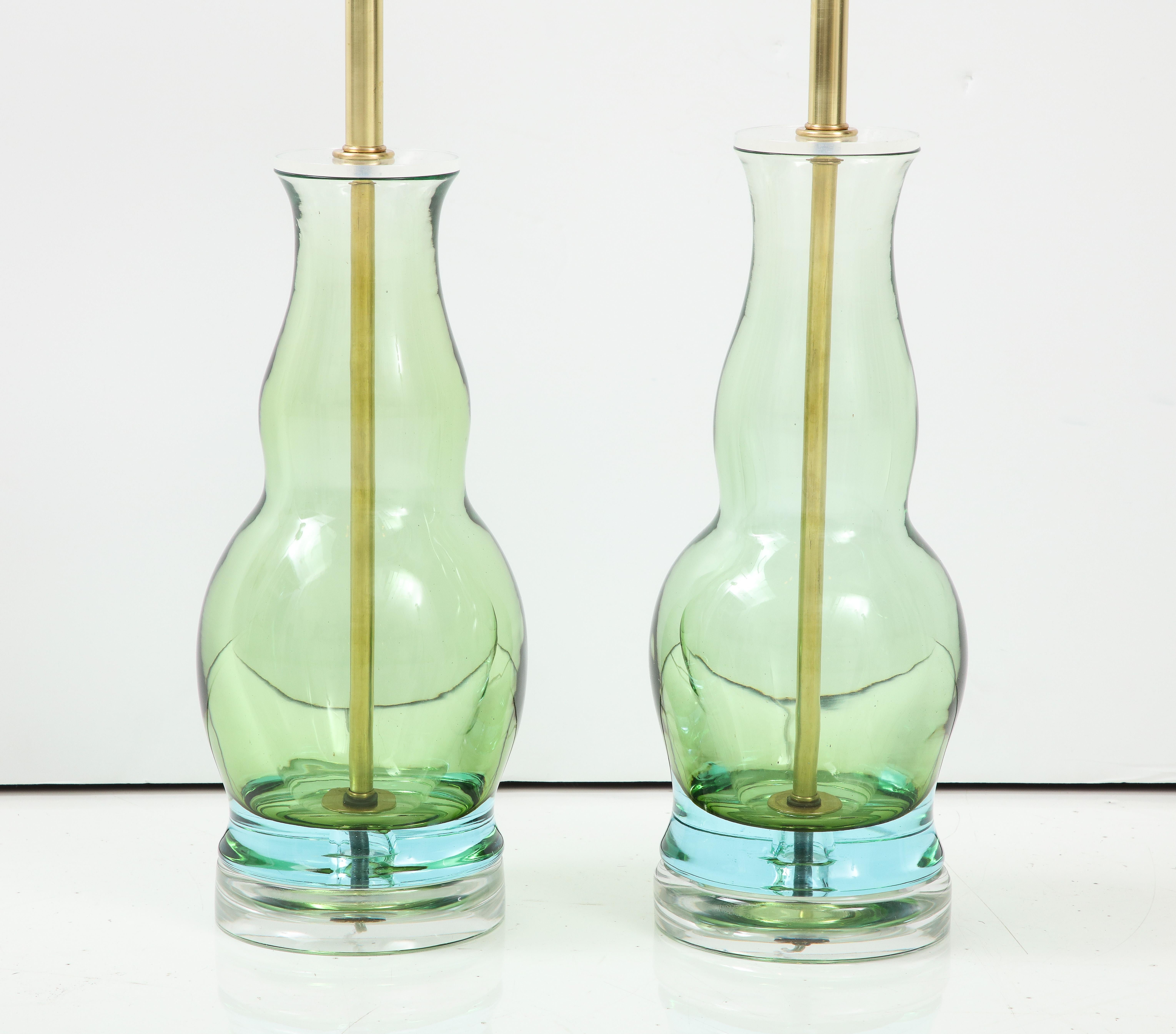 Pair of Green Glass Bottle Shaped Lamps In Good Condition In New York, NY