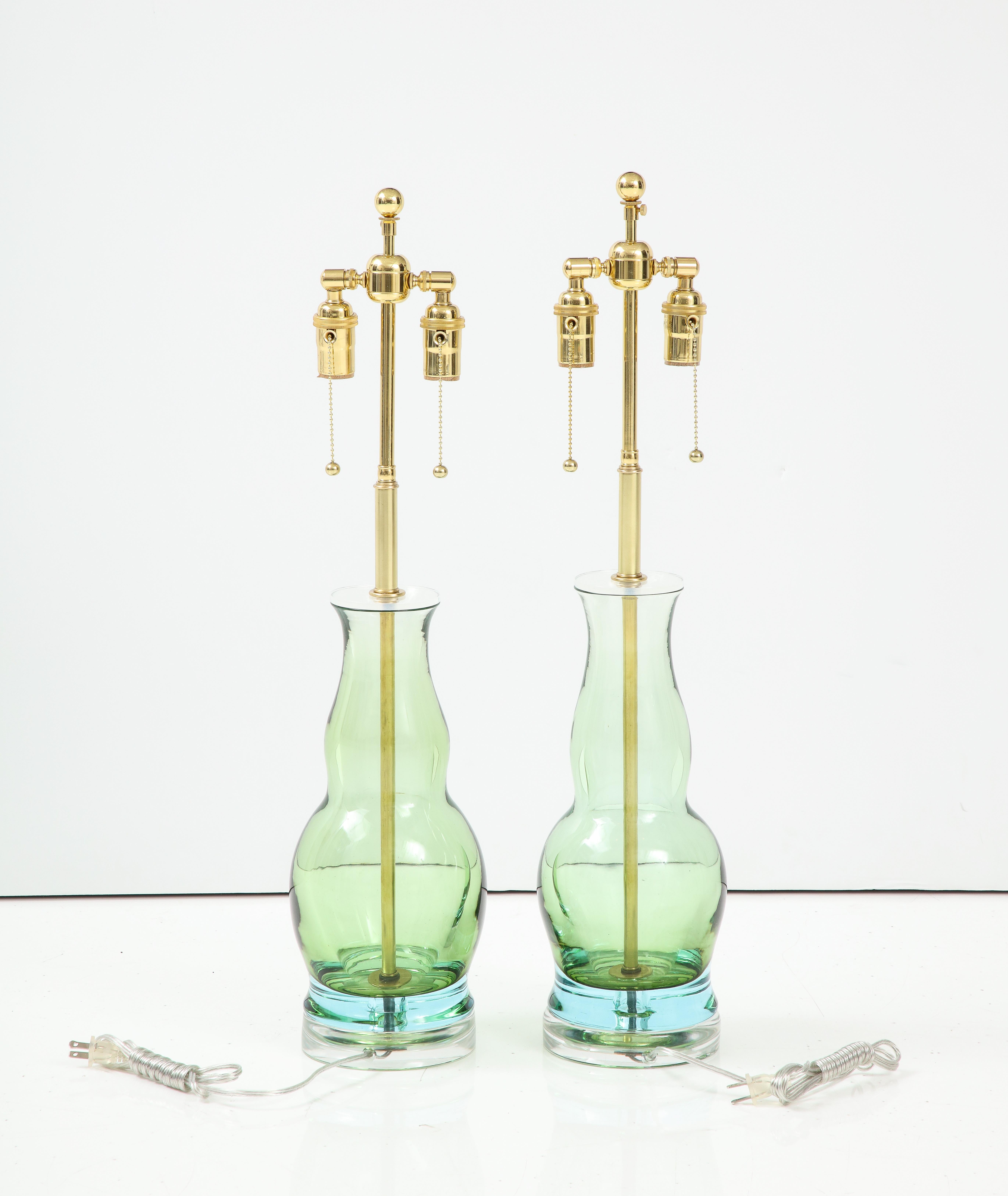 Pair of Green Glass Bottle Shaped Lamps 1