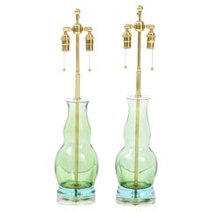Retro Pair of Green Glass Bottle Shaped Lamps