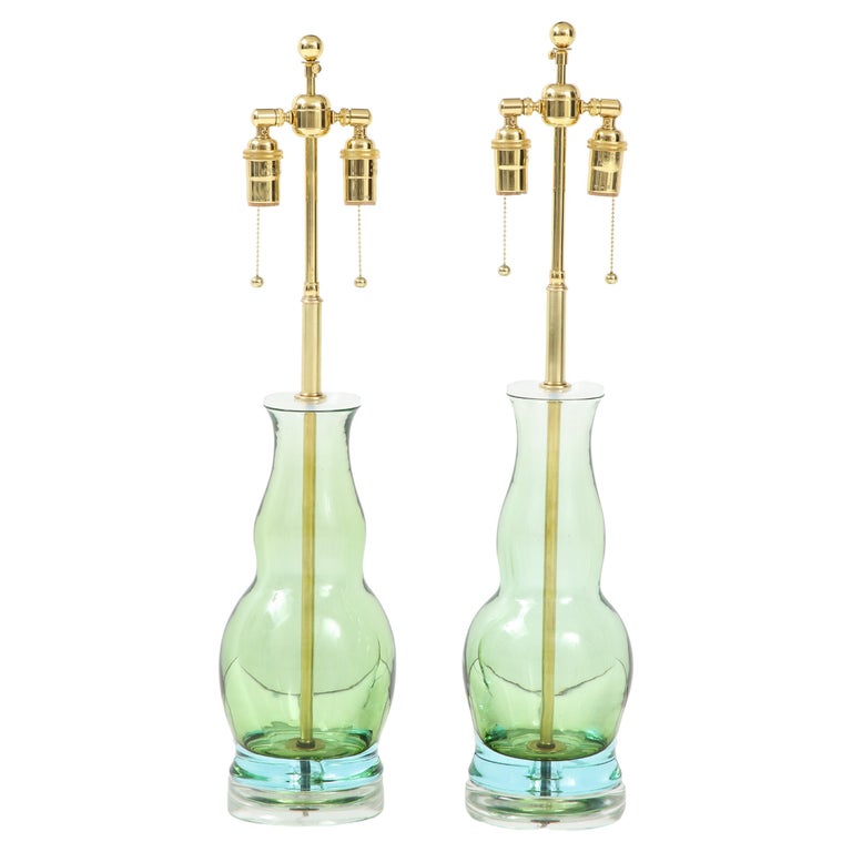 Pair of Green Glass Bottle Shaped Lamps For Sale at 1stDibs