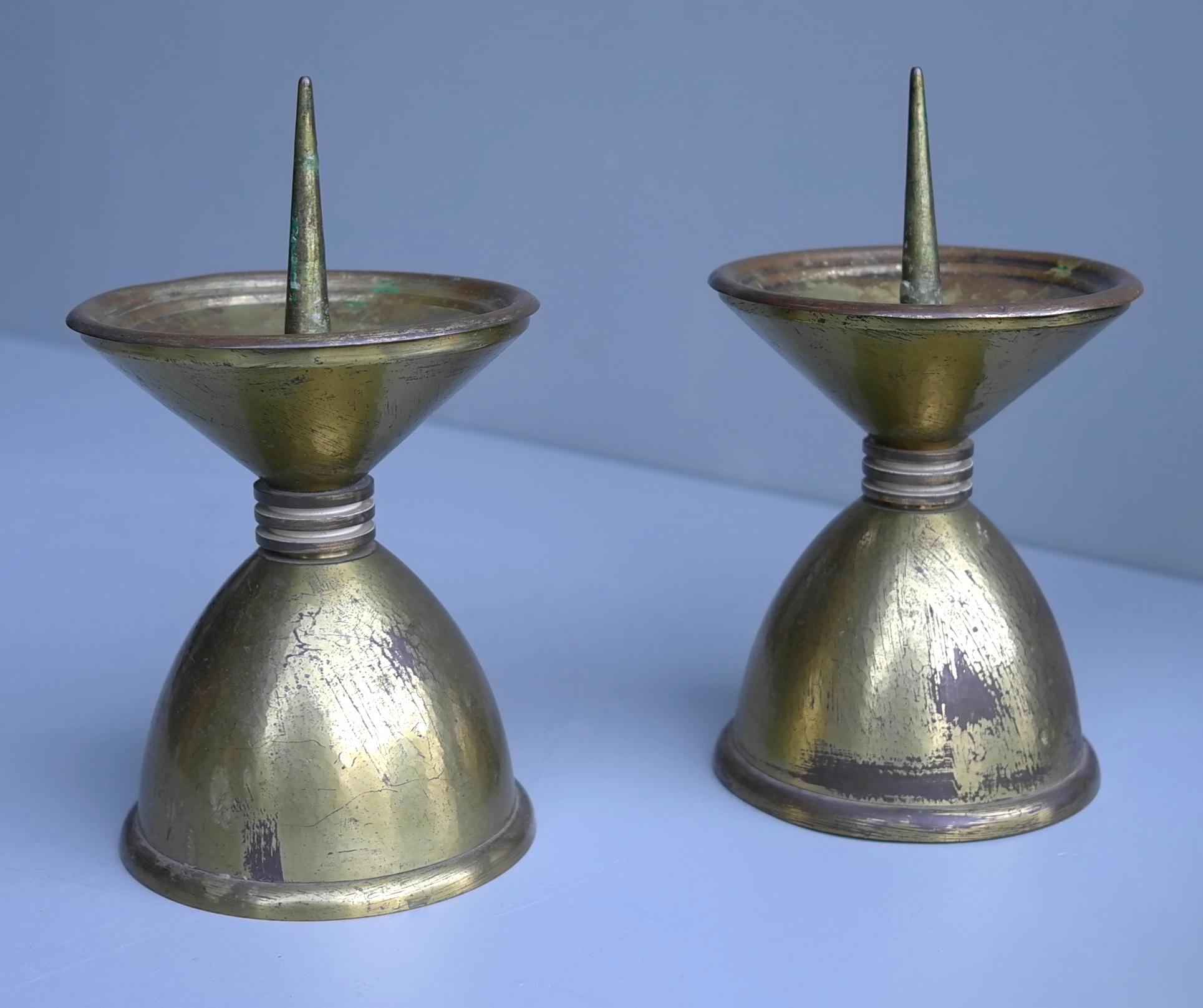 French Pair of Large Art Deco Bronze and Brass Candlesticks, France, 1930s