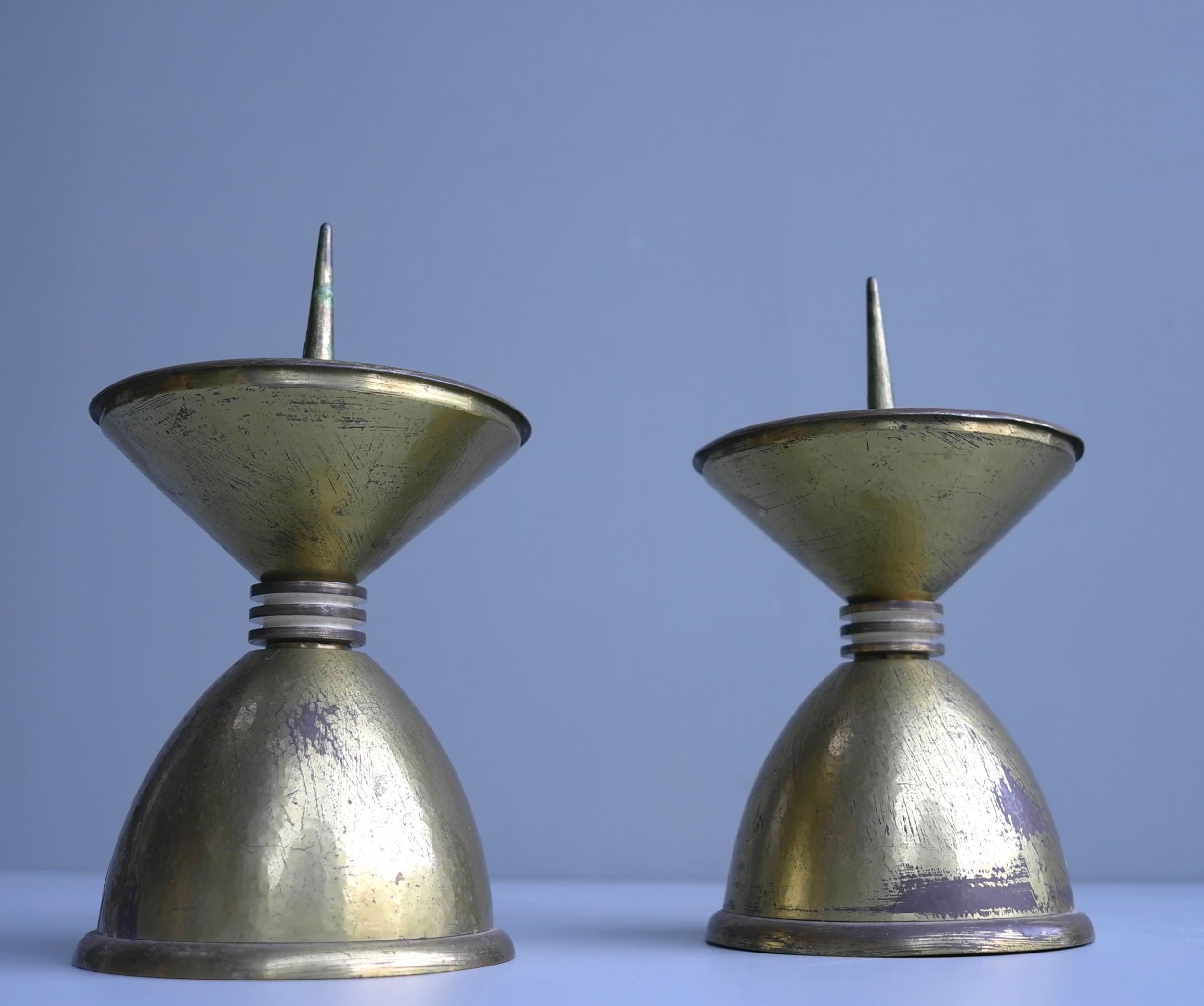Mid-20th Century Pair of Large Art Deco Bronze and Brass Candlesticks, France, 1930s