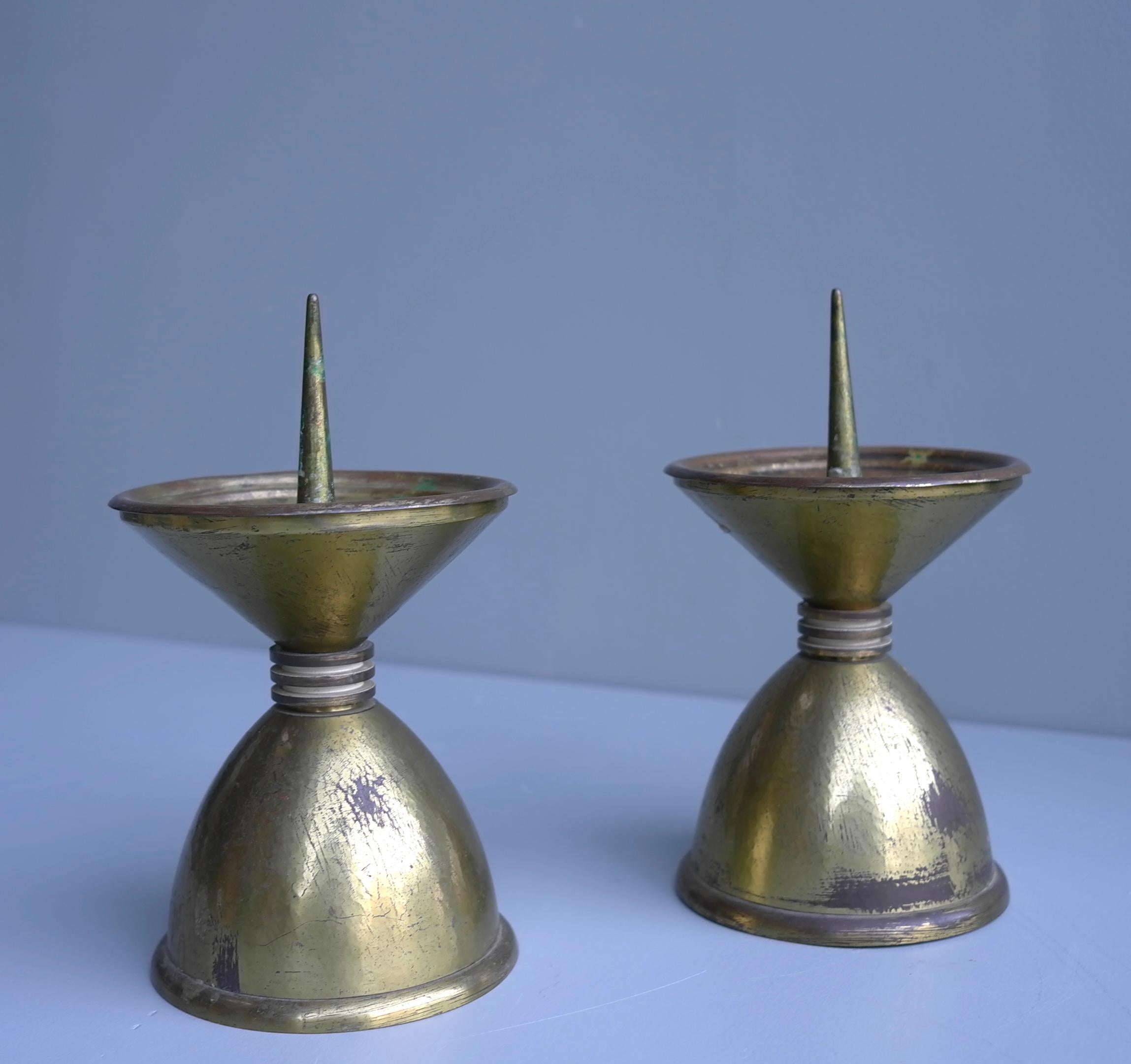 Pair of Large Art Deco Bronze and Brass Candlesticks, France, 1930s 1
