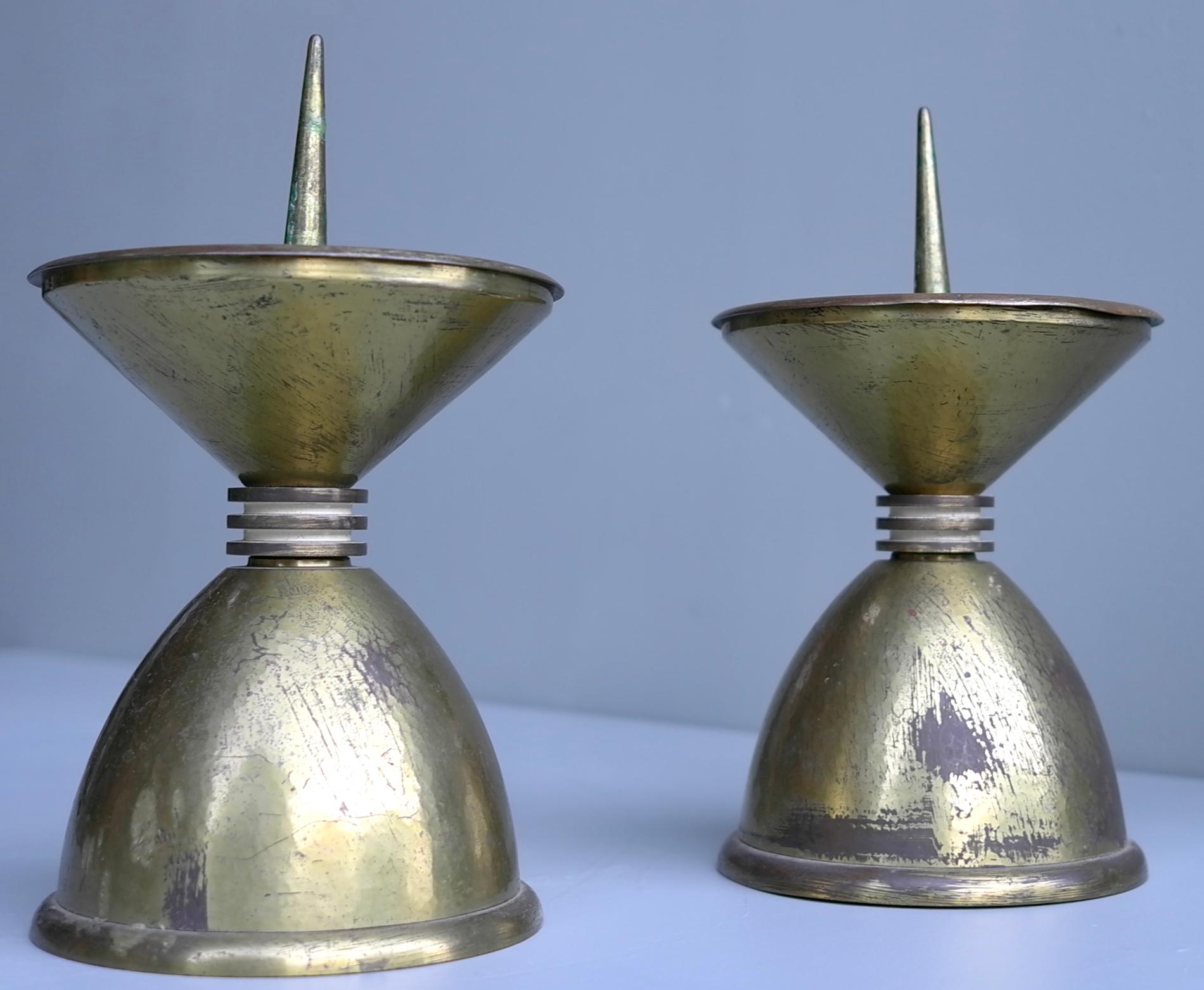 Pair of Large Art Deco Bronze and Brass Candlesticks, France, 1930s 2