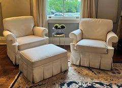 Used Pair - White Matelassé Covered Swivel Club Chairs and Ottoman, Hickory Chair
