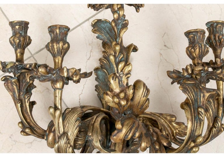 Pair Of Grand 19th C. French Bronze Five Candle Light Sconces For Sale