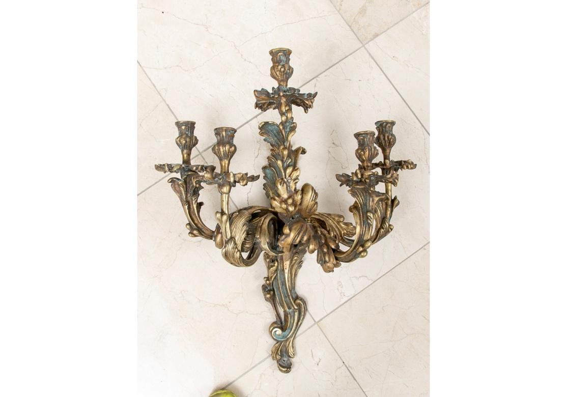 Cast Pair Of Grand 19th C. French Bronze Five Candle Light Sconces For Sale